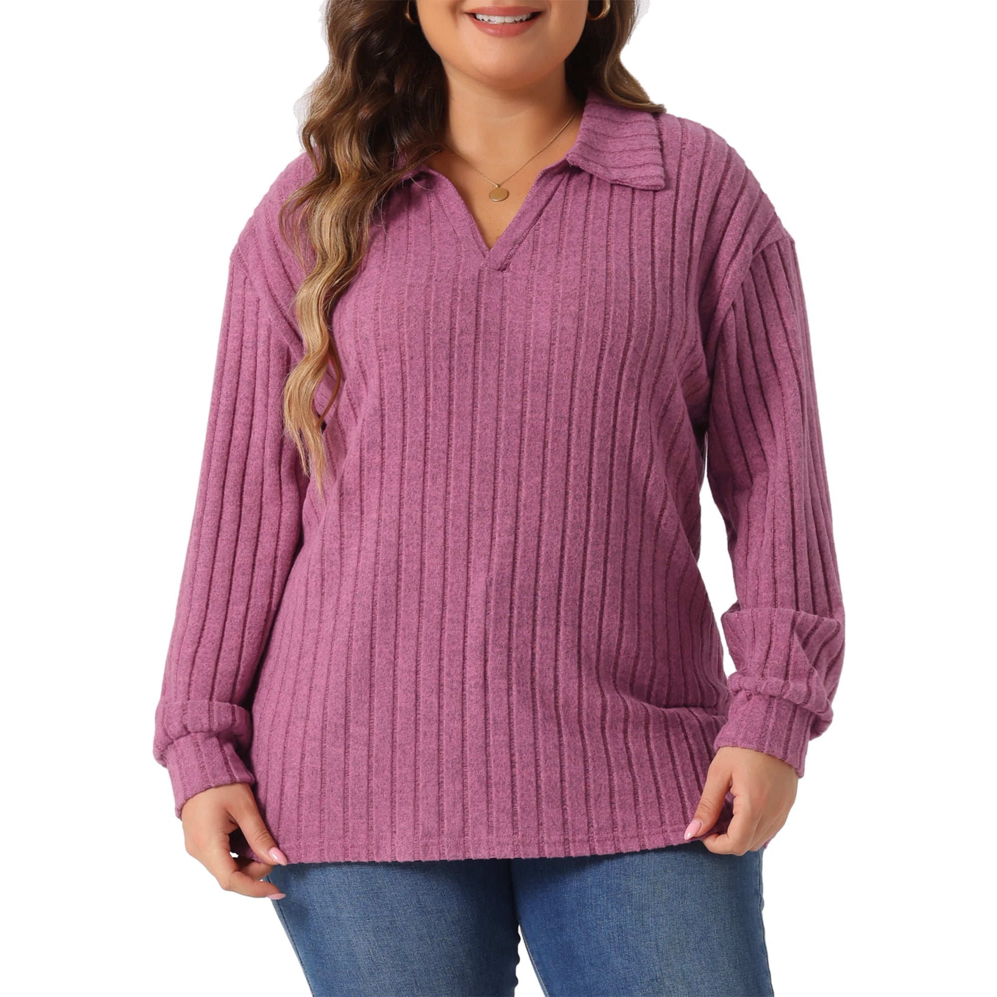 DARING DIVA Women's Plus Size Loose V Neck Long Sleeve Polo 4X Fuchsia