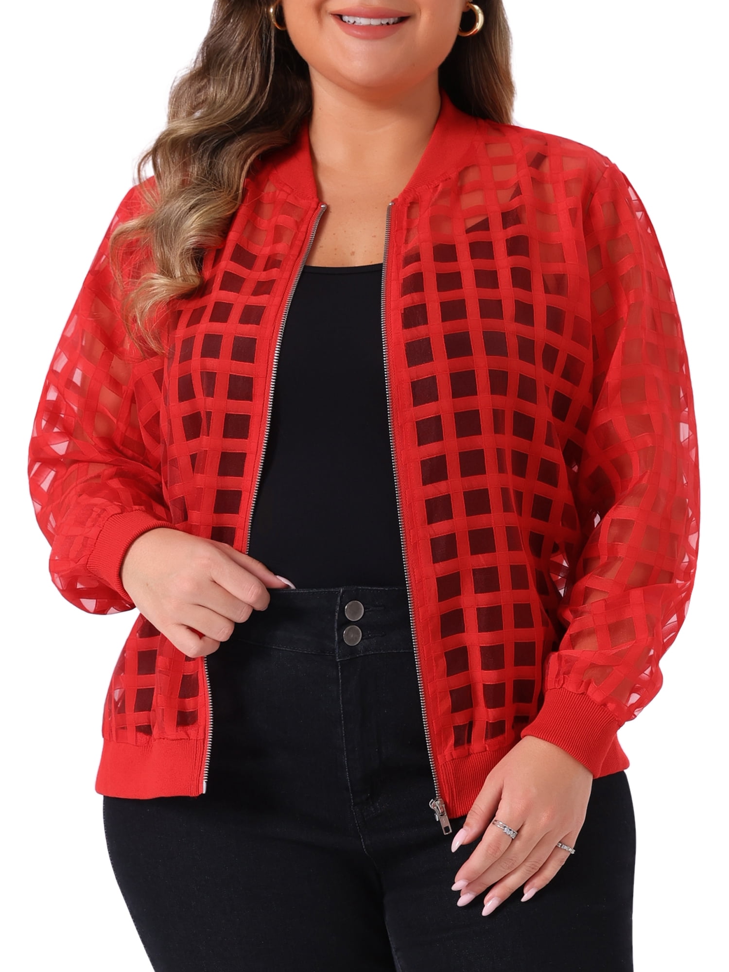 DARING DIVA Women's Plus Size Mesh Sheer Zip Up Bomber Jacket 2X Red