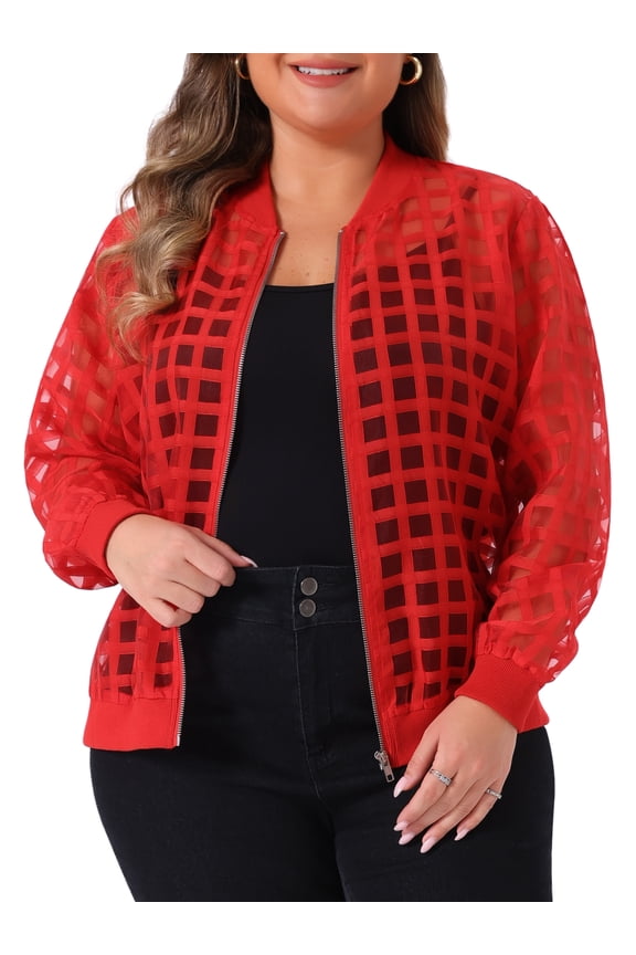 Women's Plus Size Mesh Sheer Zip Up Bomber Jacket 4X Red