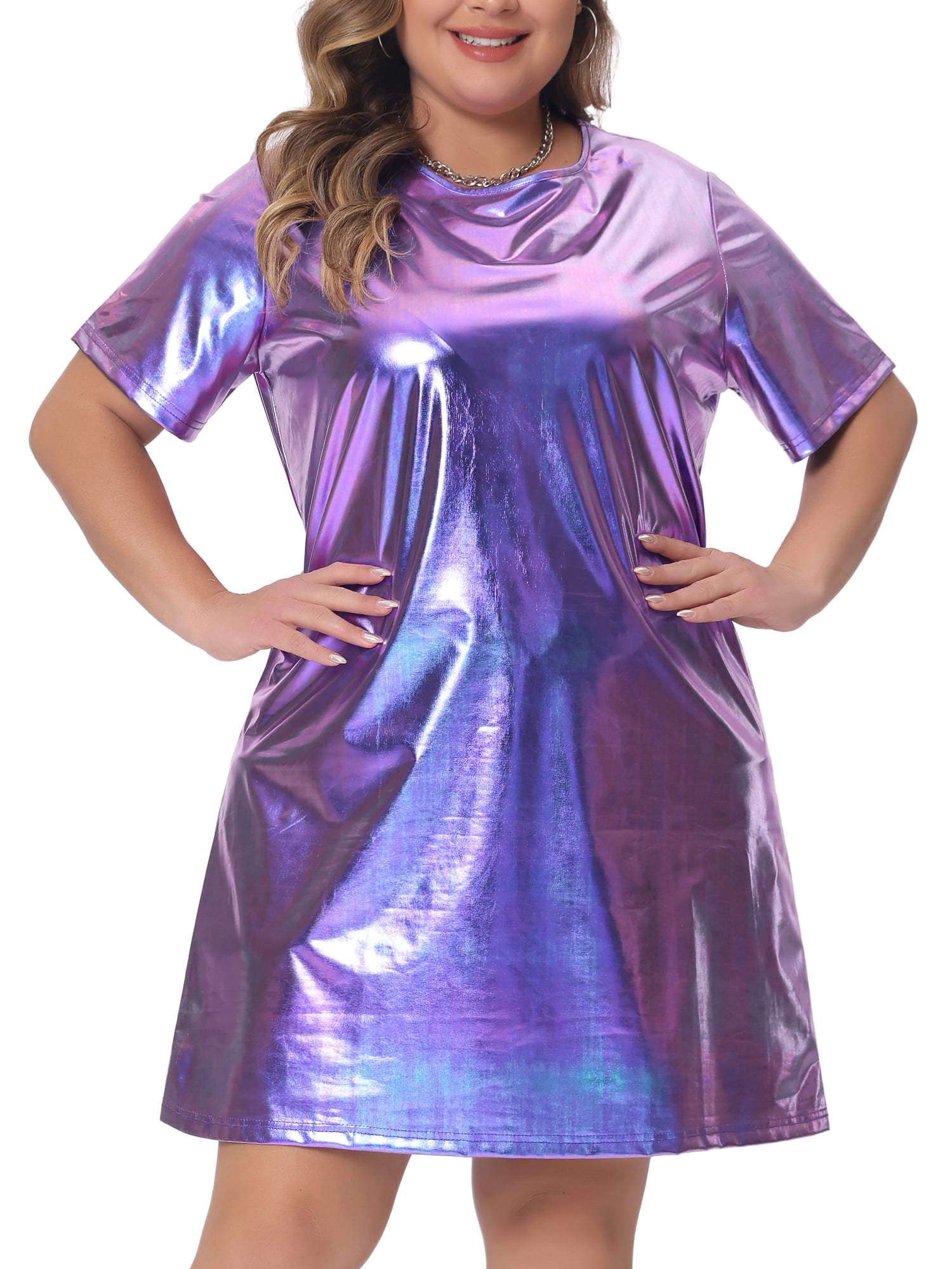 DARING DIVA Women's Plus Size Metallic Round Neck Mini Dress 1X Purple
