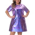 thumbnail image 1 of DARING DIVA Women's Plus Size Metallic Round Neck Mini Dress 1X Purple, 1 of 6