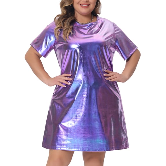 DARING DIVA Women's Plus Size Metallic Round Neck Mini Dress 1X Purple