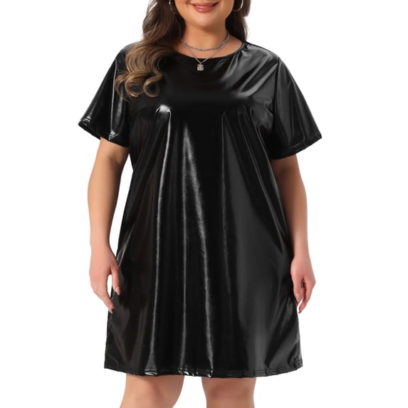 DARING DIVA Women's Plus Size Metallic Round Neck Mini Dress 3X Black