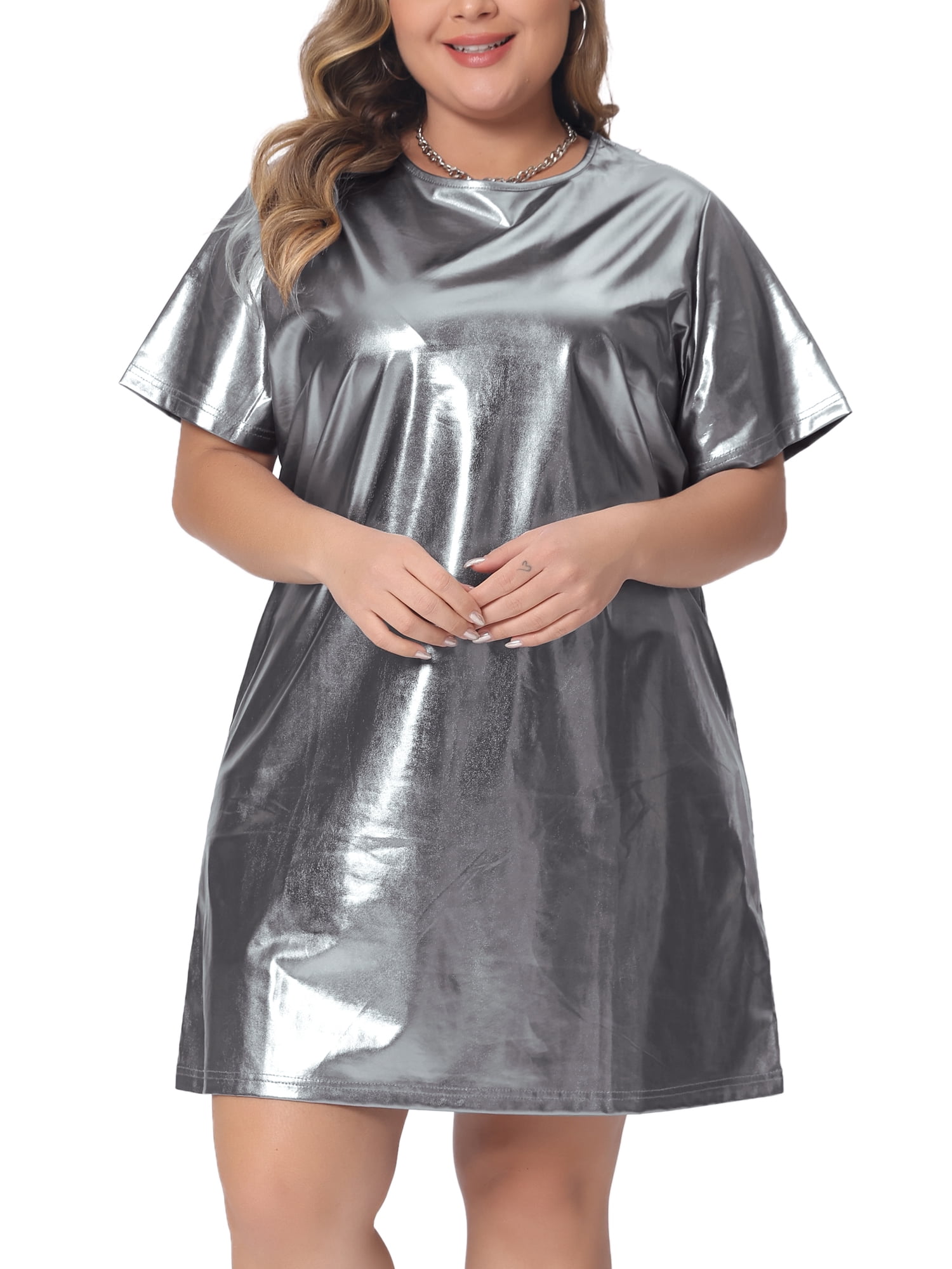 DARING DIVA Women's Plus Size Metallic Round Neck Mini Dress 3X Silver