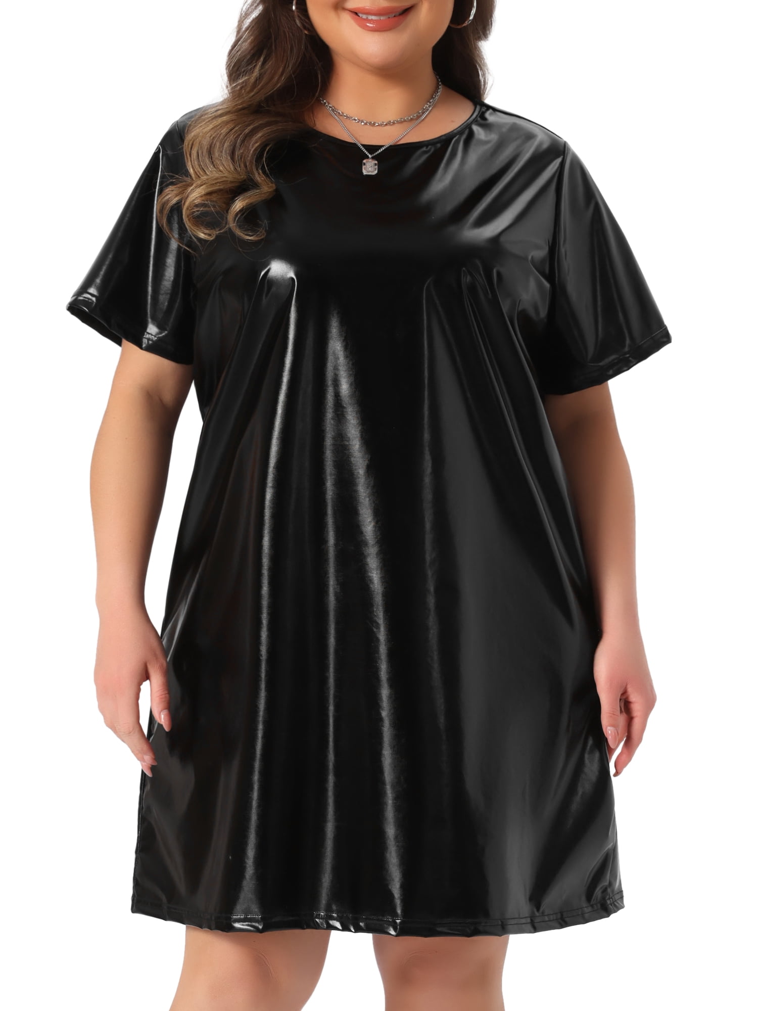 DARING DIVA Women's Plus Size Metallic Round Neck Mini Dress 4X Black
