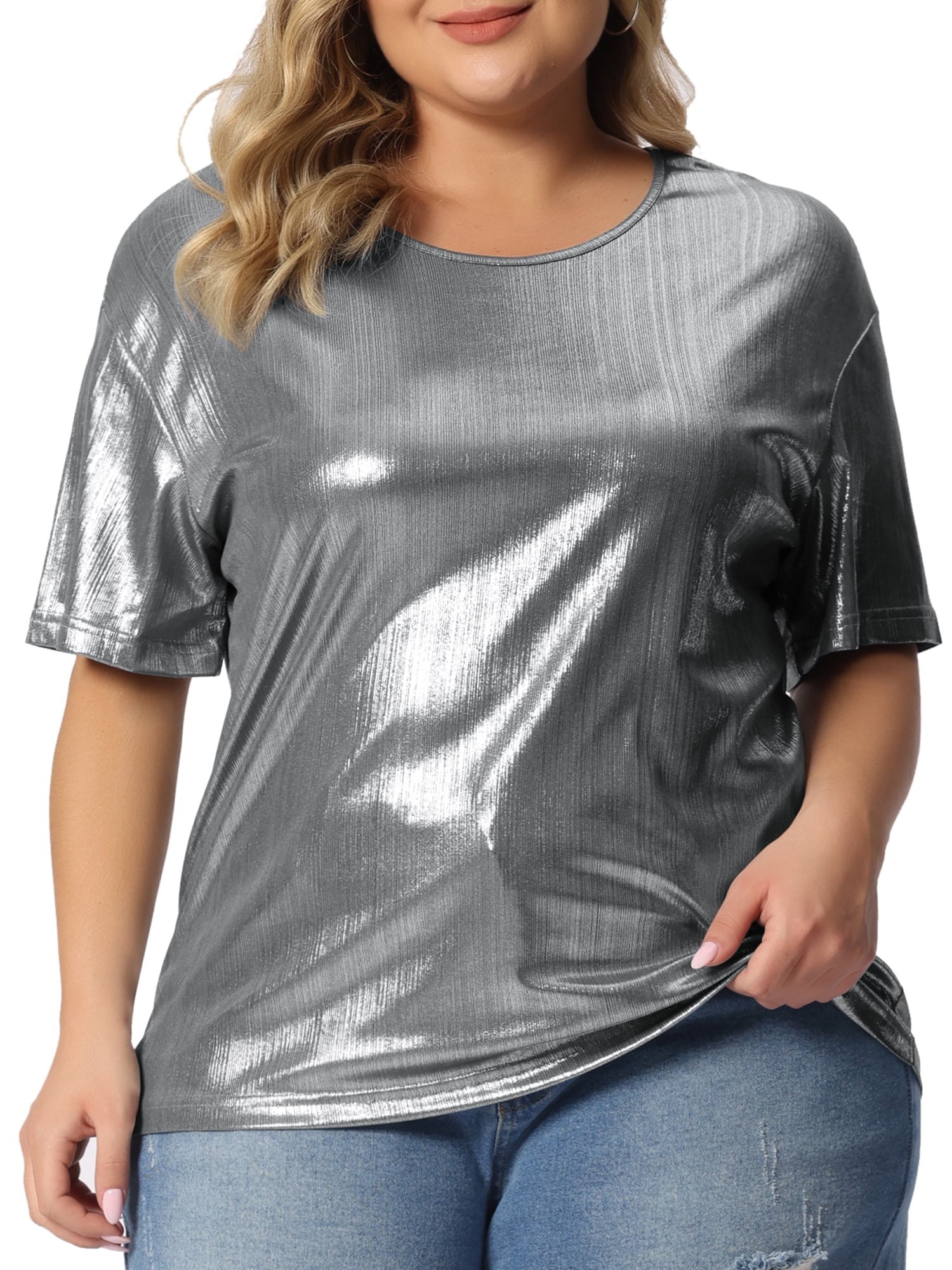DARING DIVA Women's Plus Size Metallic Round Neck Short Sleeve Blouses 5X Silver