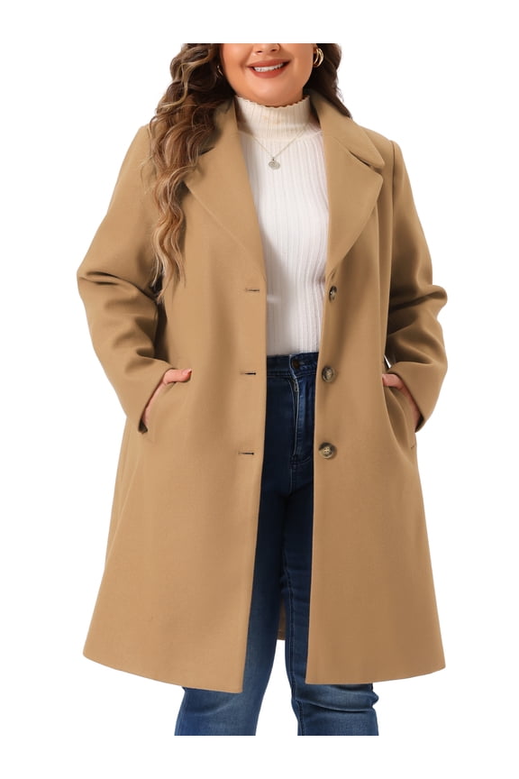 Women's Plus Size Mid Length Notch Lapel Pea Coat 1X Camel