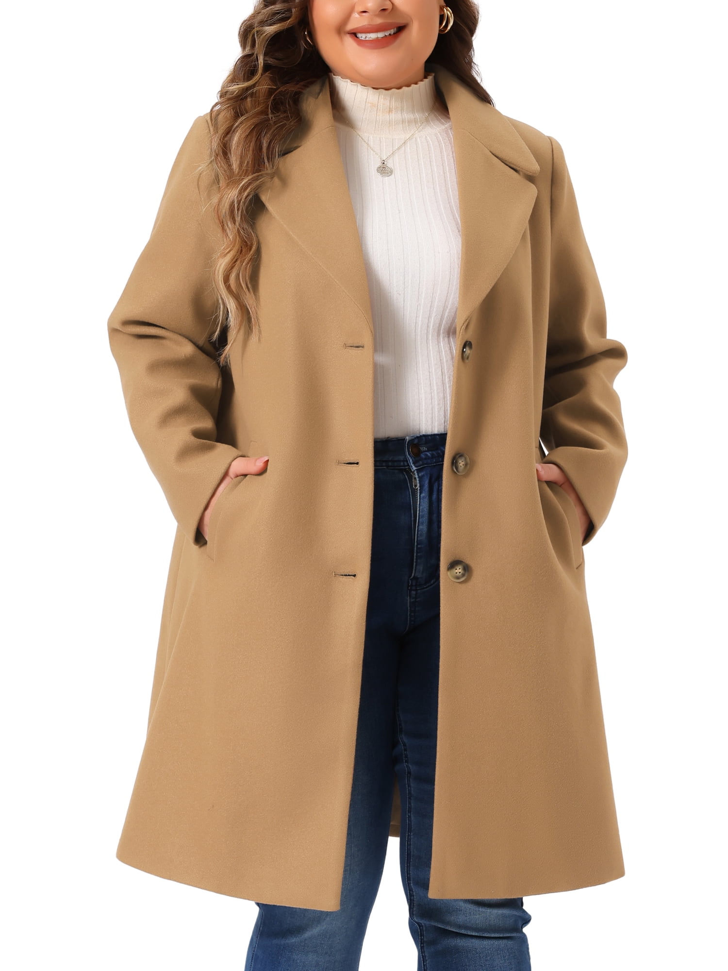 DARING DIVA Women's Plus Size Mid Length Notch Lapel Pea Coat 3X Camel