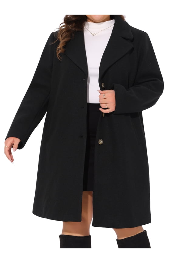 Women's Plus Size Mid Length Notch Lapel Pea Coat 4X Black