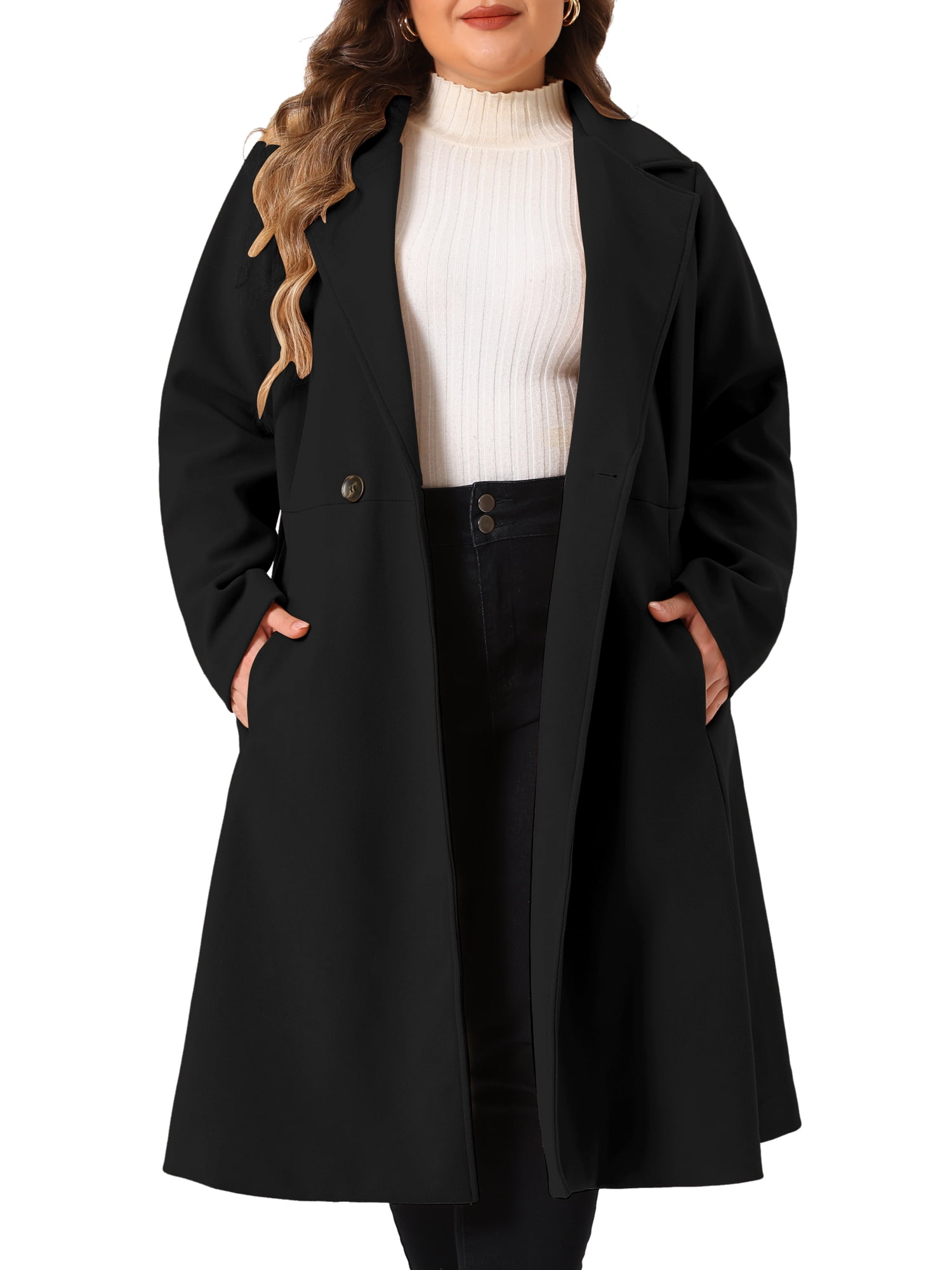 DARING DIVA Women's Plus Size Notch Lapel Double Breasted A Line Coat 1X Black