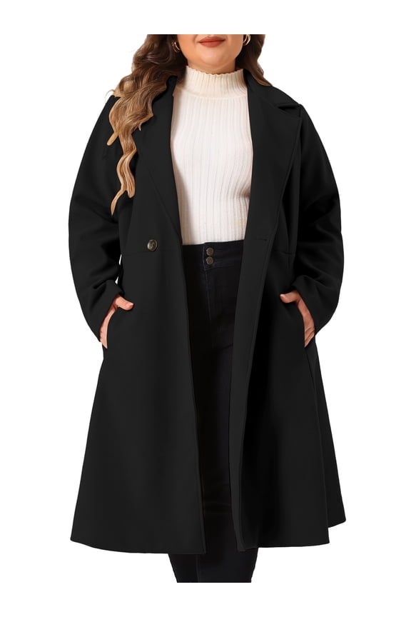 Women's Plus Size Notch Lapel Double Breasted A Line Coat 1X Black