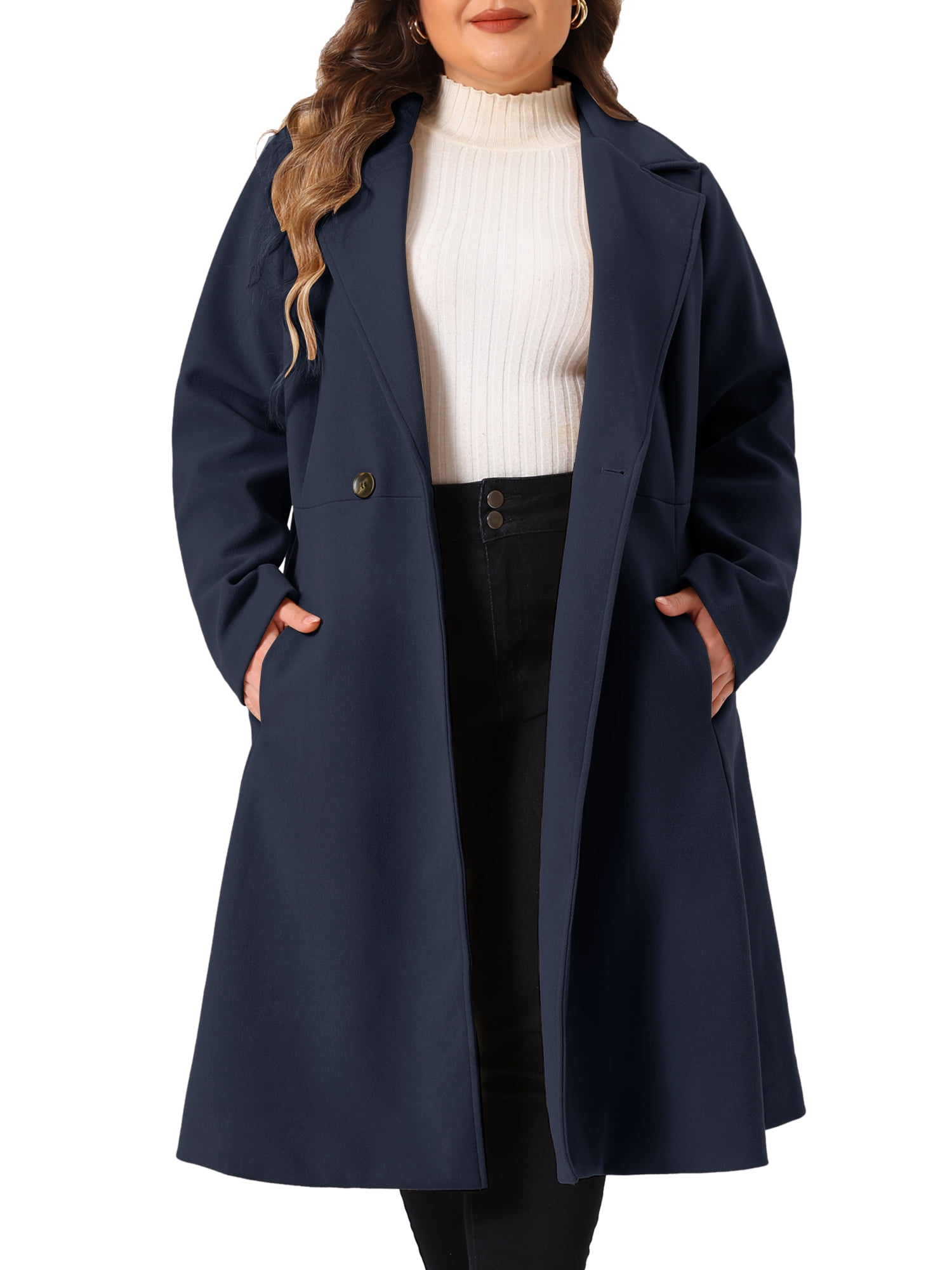 DARING DIVA Women's Plus Size Notch Lapel Double Breasted A Line Coat 1X Dark Blue