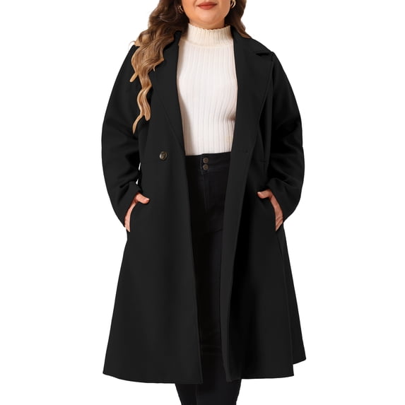 DARING DIVA Women's Plus Size Notch Lapel Double Breasted A Line Coat 4X Black