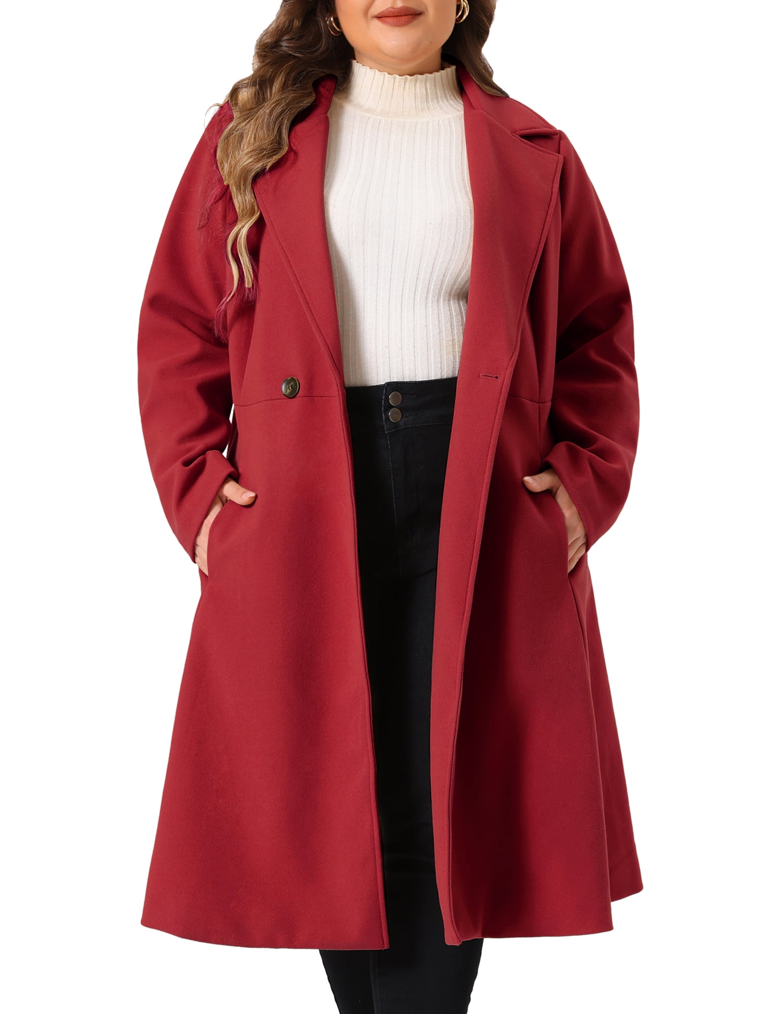 DARING DIVA Women's Plus Size Notch Lapel Double Breasted A Line Coat 4X Burgundy
