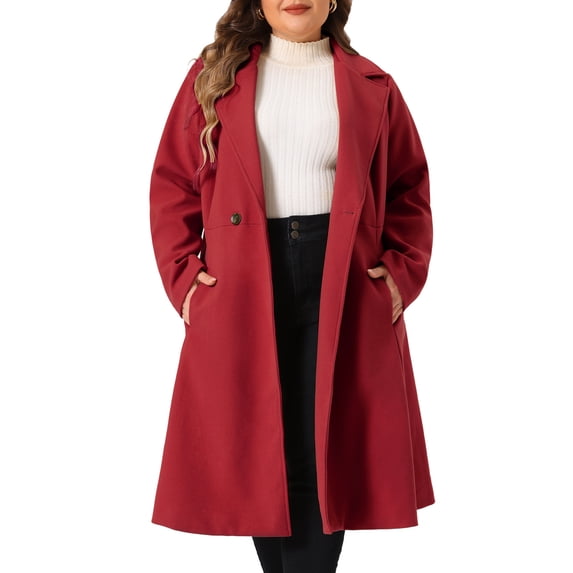 DARING DIVA Women's Plus Size Notch Lapel Double Breasted A Line Coat 4X Burgundy
