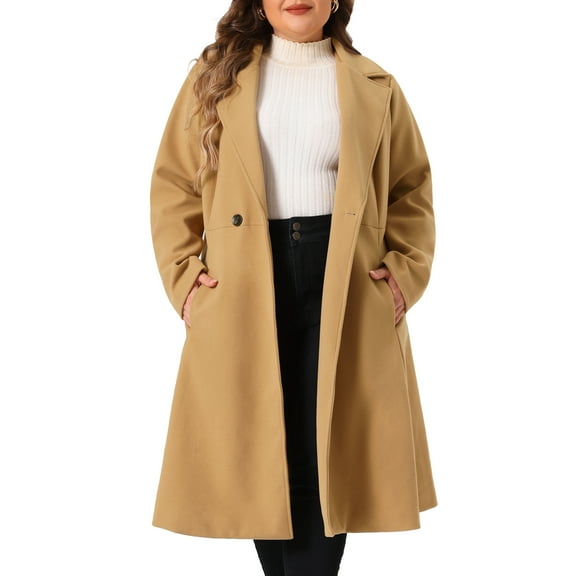 DARING DIVA Women's Plus Size Notch Lapel Double Breasted A Line Coat 4X Camel