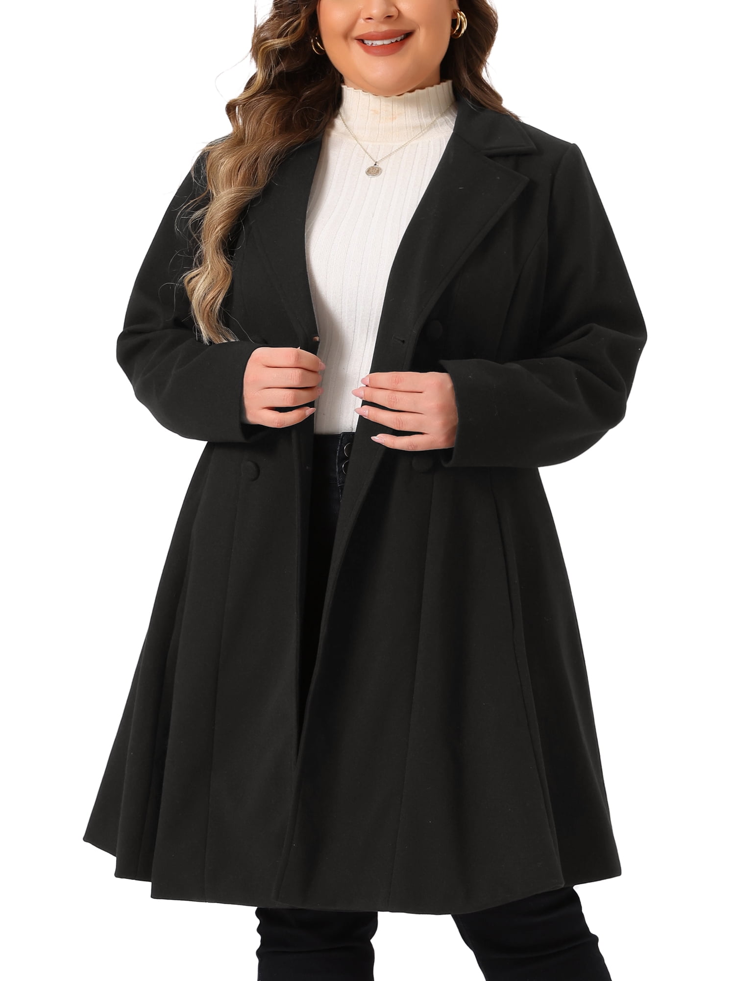 DARING DIVA Women's Plus Size Notch Lapel Double Breasted A Line Peacoat 1X Black