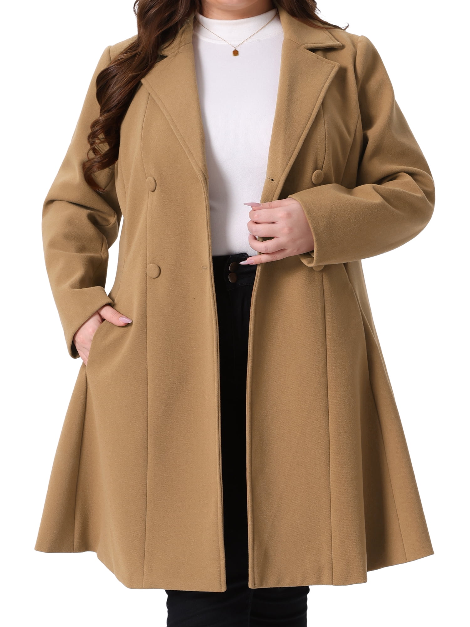 DARING DIVA Women's Plus Size Notch Lapel Double Breasted A Line Peacoat 1X Camel
