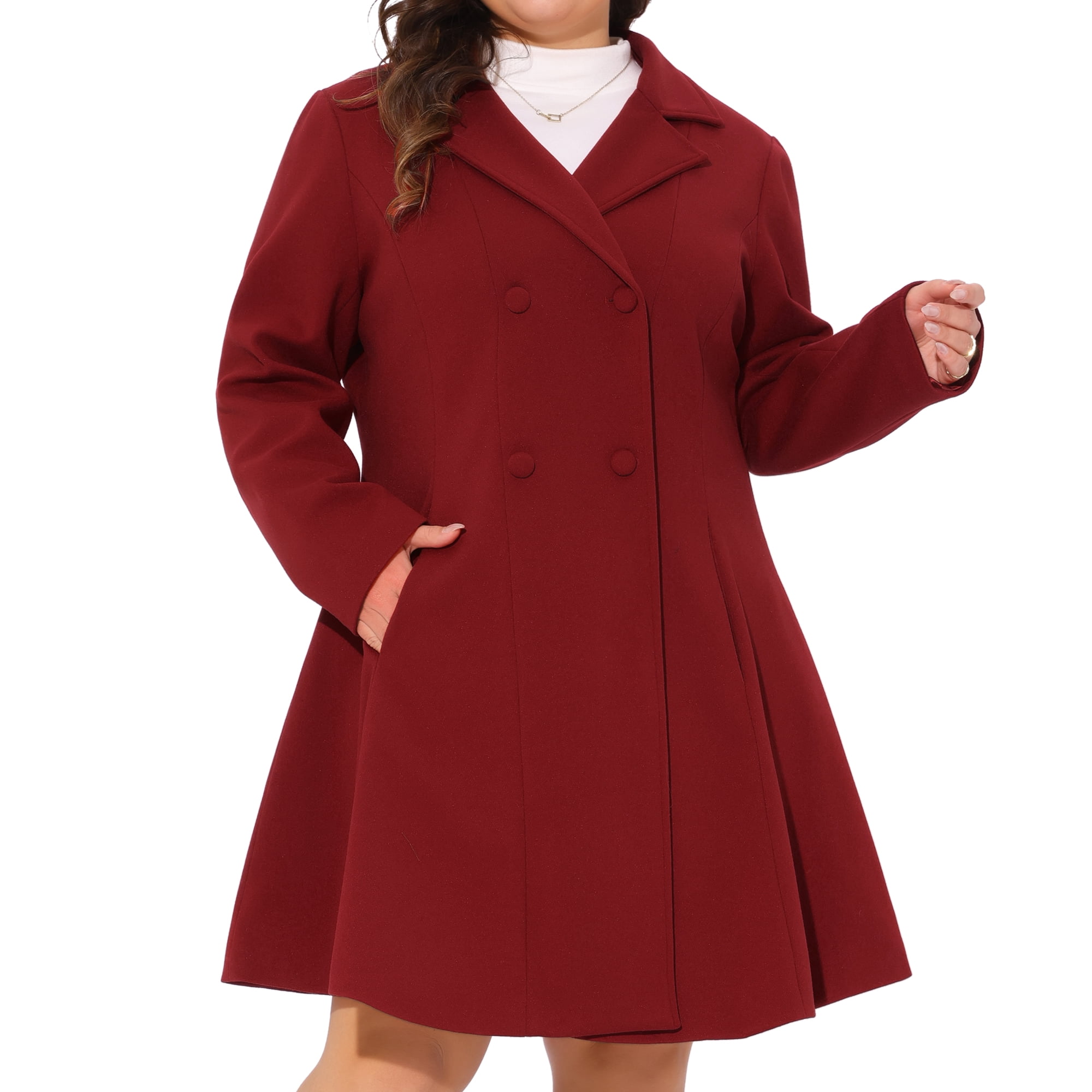 DARING DIVA Women's Plus Size Notch Lapel Double Breasted A Line Peacoat 4X Burgundy