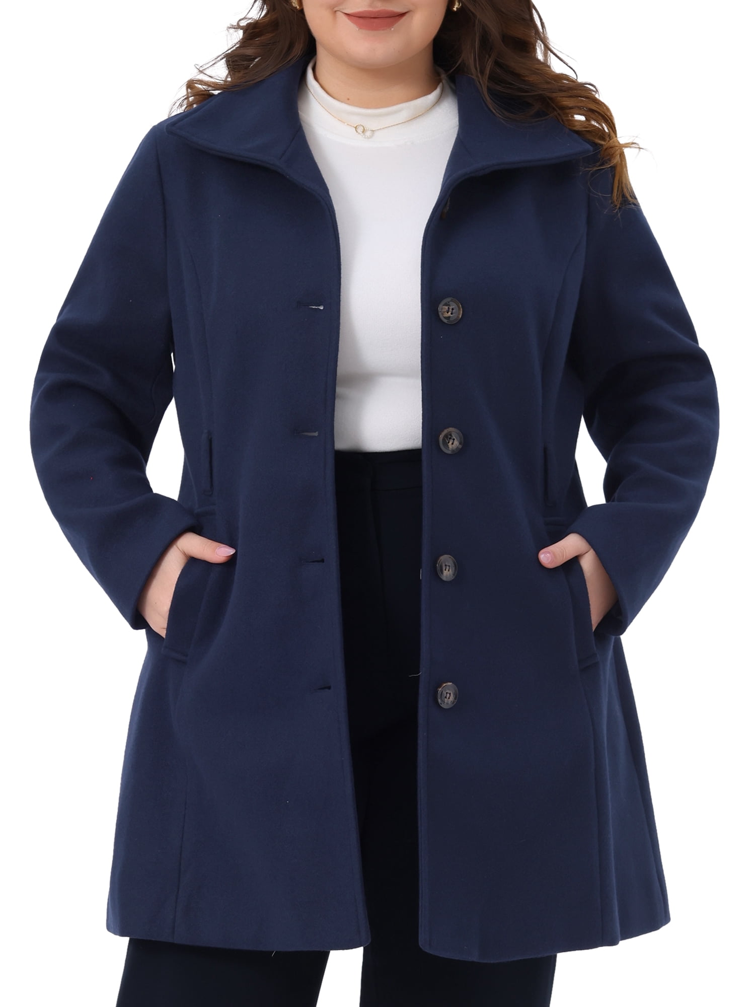 DARING DIVA Women's Plus Size Notch Lapel Single Breasted Peacoat with Belt 1X Navy Blue