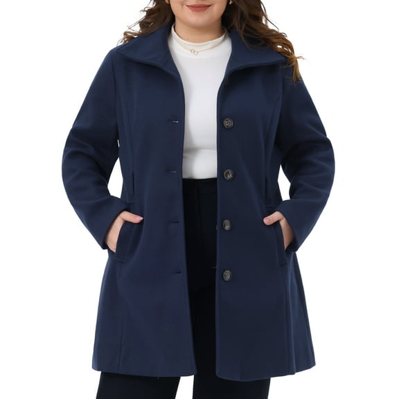 DARING DIVA Women's Plus Size Notch Lapel Single Breasted Peacoat with Belt 1X Navy Blue