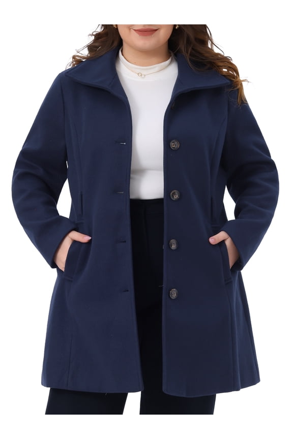 Women's Plus Size Notch Lapel Single Breasted Peacoat with Belt 1X Navy Blue