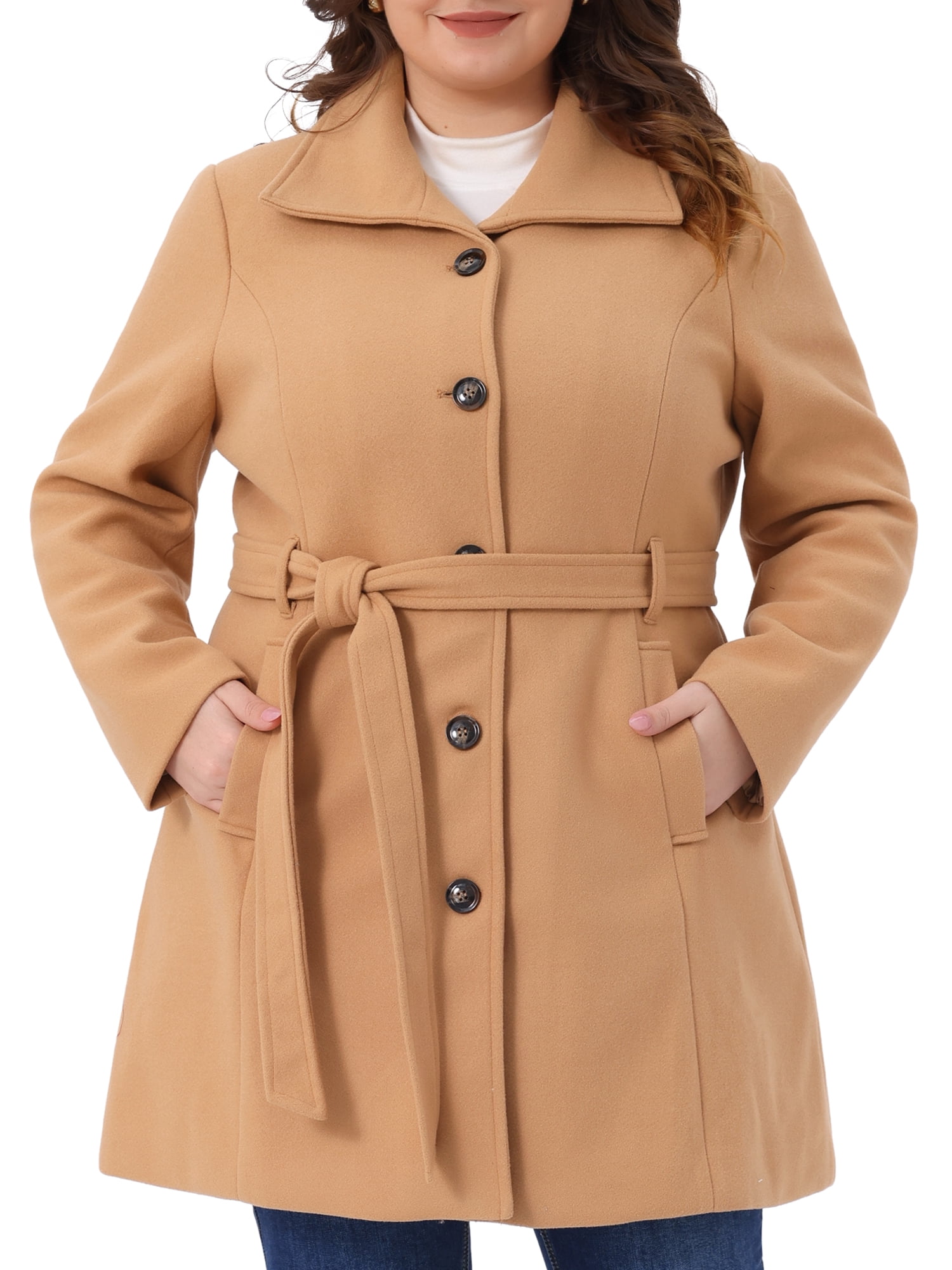 DARING DIVA Women's Plus Size Notch Lapel Single Breasted Peacoat with Belt 4X Camel