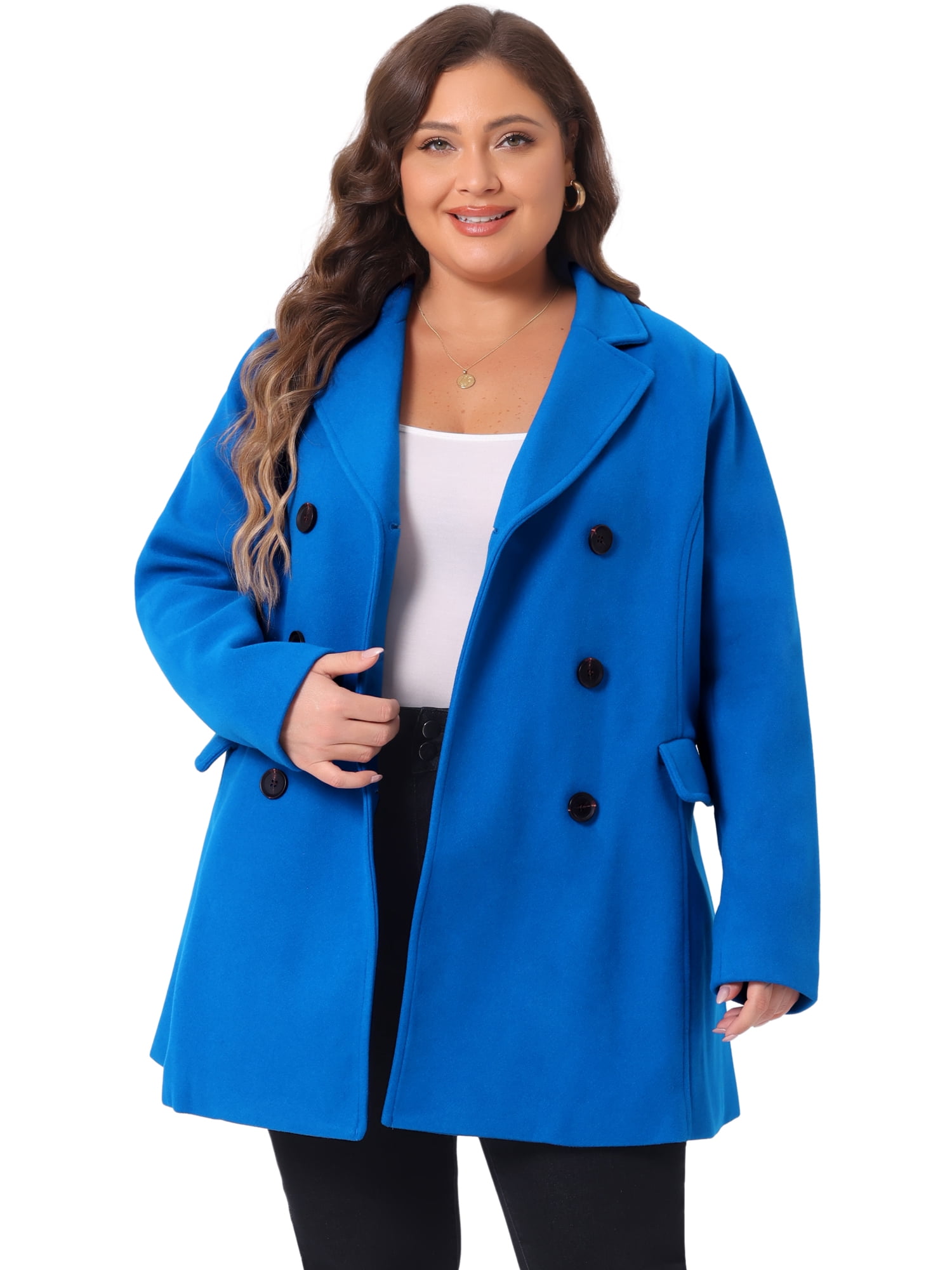 DARING DIVA Women's Plus Size Notched Lapel Double Breasted Long Coat 4X Royal Blue