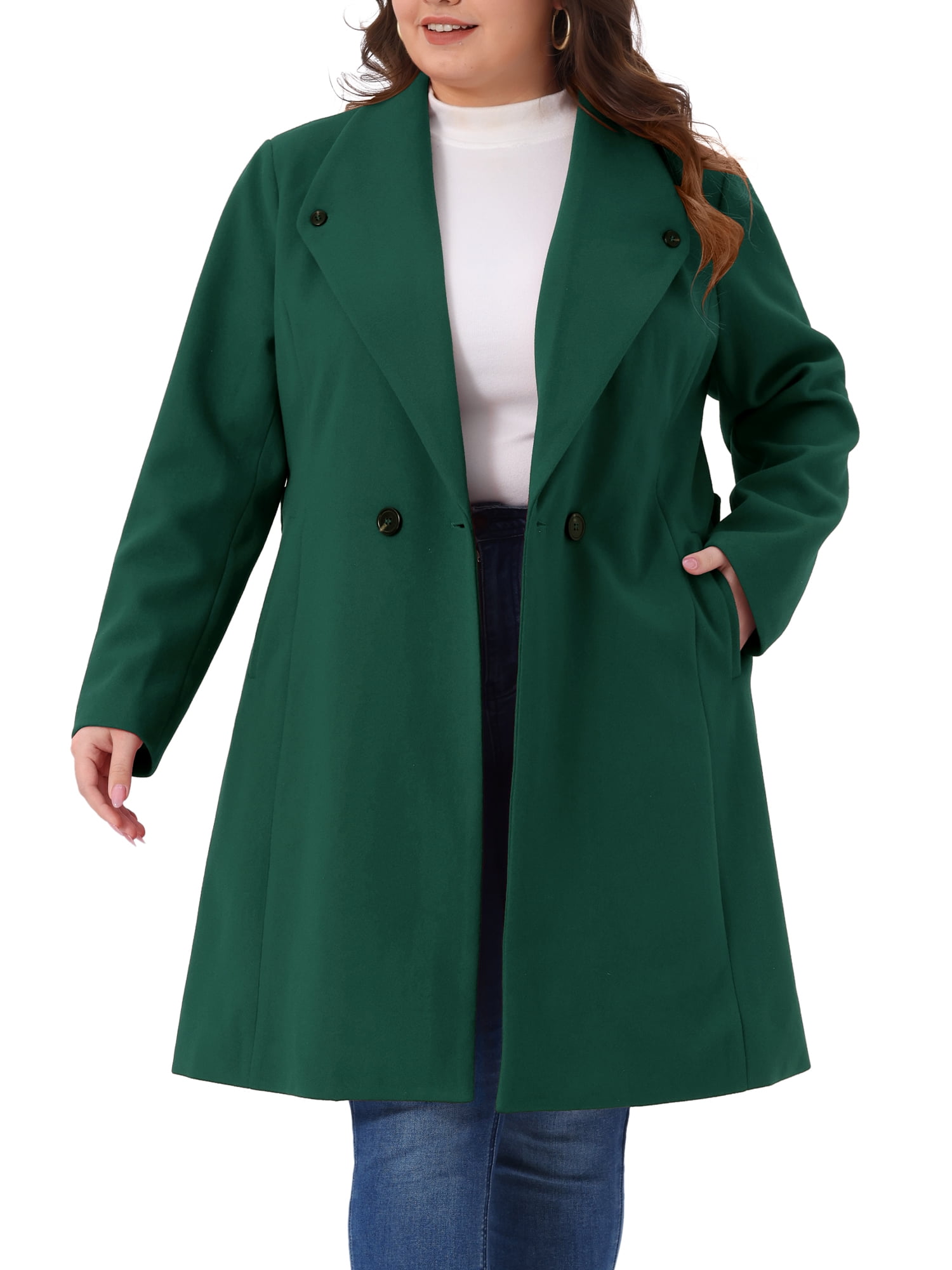 DARING DIVA Women's Plus Size Notched Lapel Coat with Belted Design 1X Dark Green