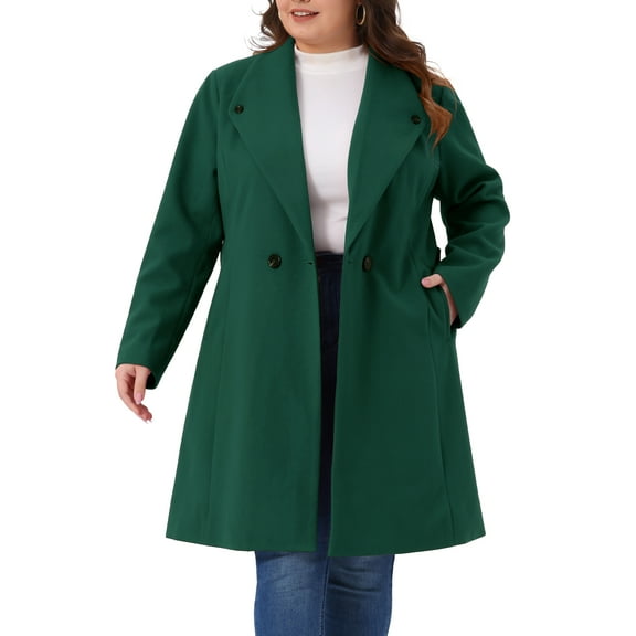 DARING DIVA Women's Plus Size Notched Lapel Coat with Belted Design 1X Dark Green