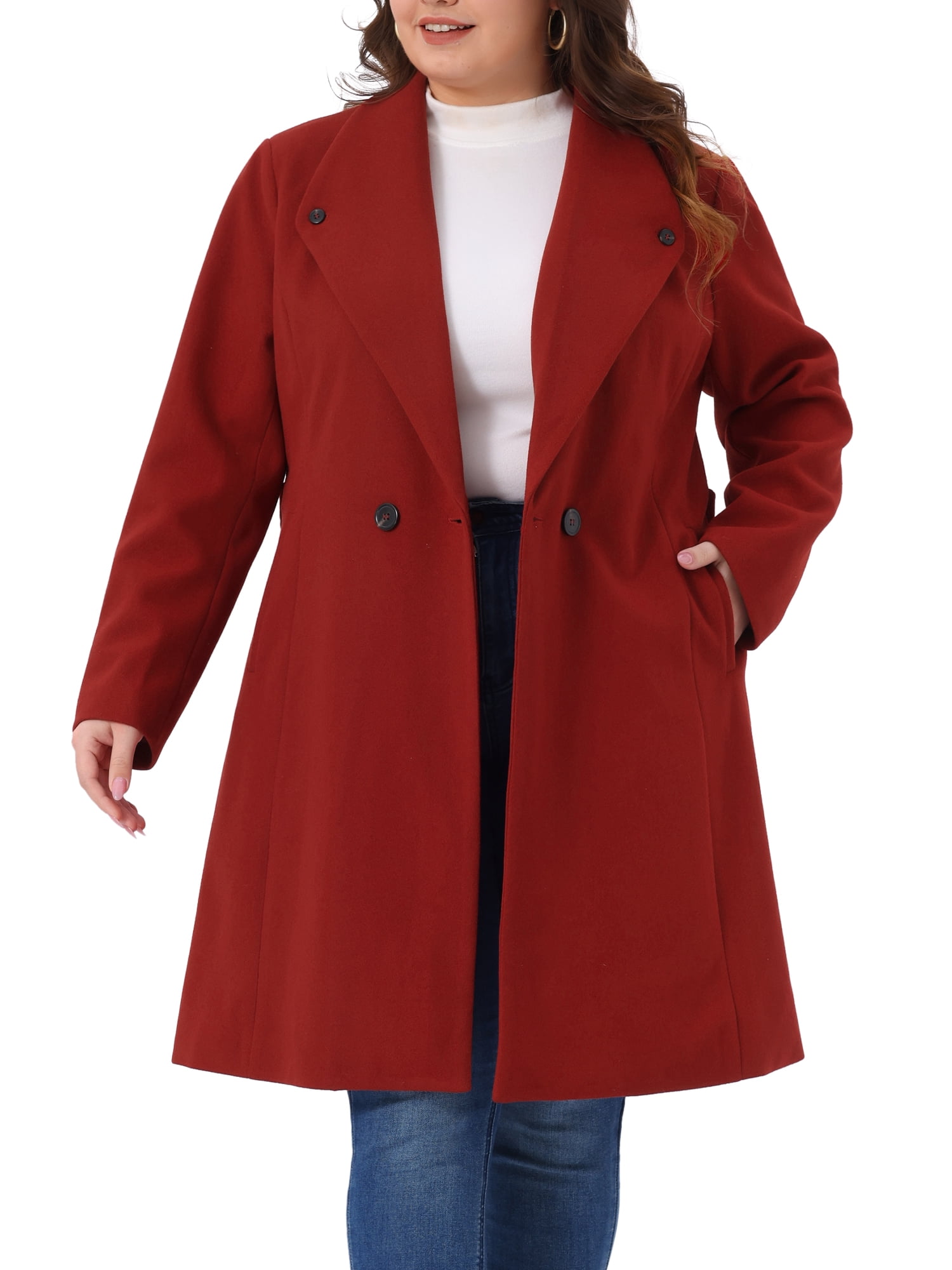 DARING DIVA Women's Plus Size Notched Lapel Coat with Belted Design 1X Dark Red