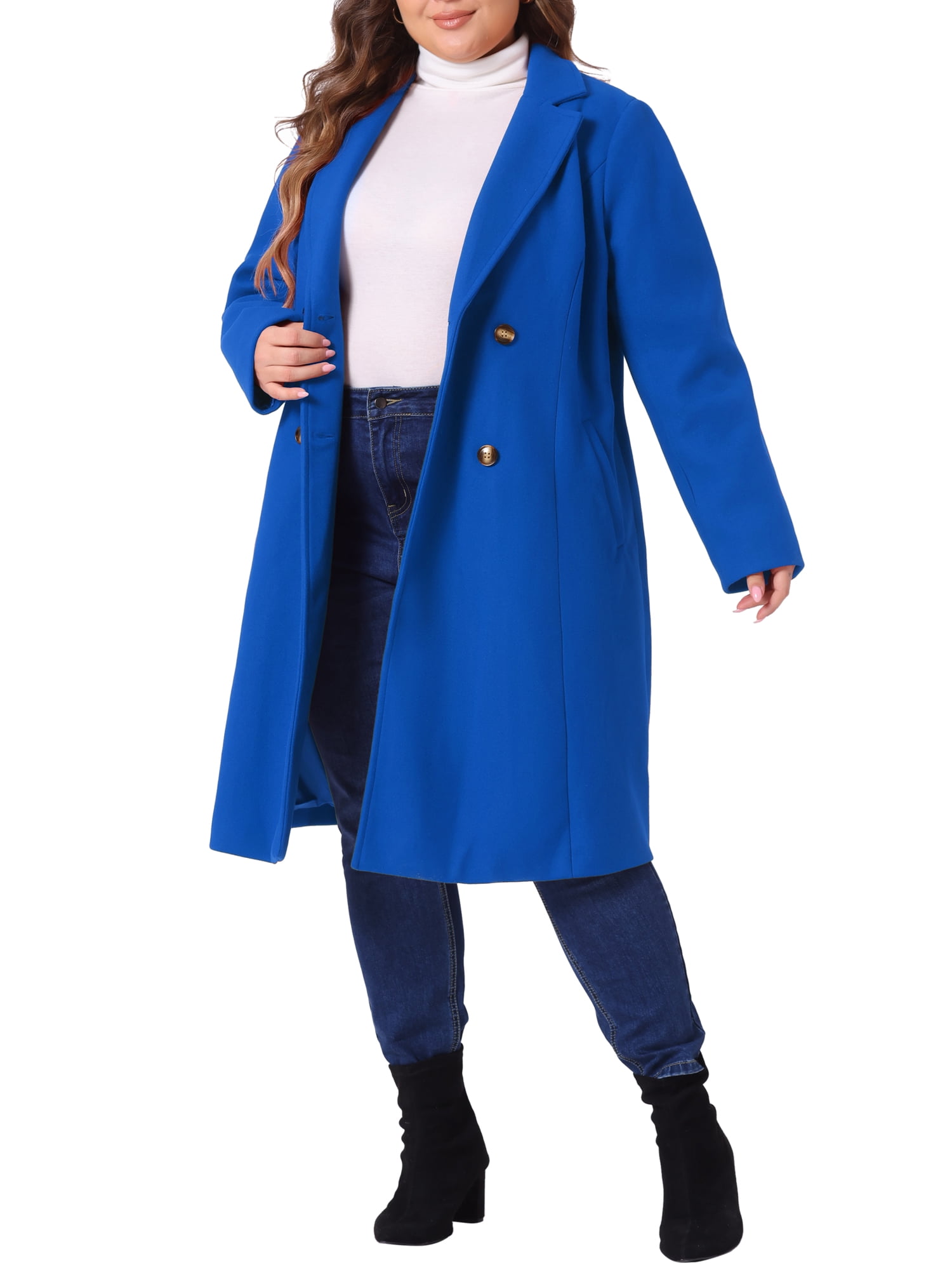 DARING DIVA Women's Plus Size Notched Lapel Warm Double Breasted Coat 2X Royal Blue