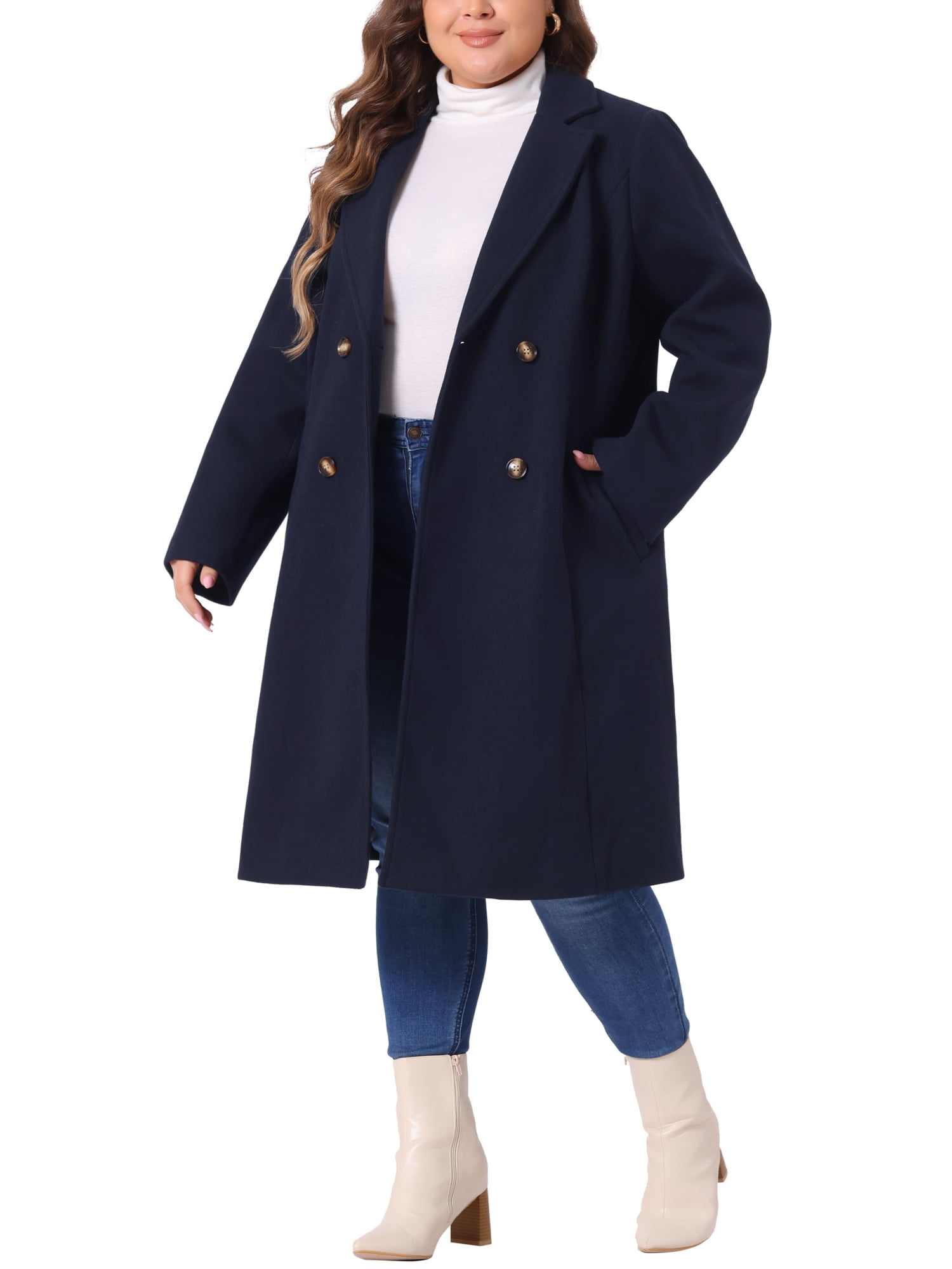 DARING DIVA Women's Plus Size Notched Lapel Warm Double Breasted Coat 4X Dark Blue