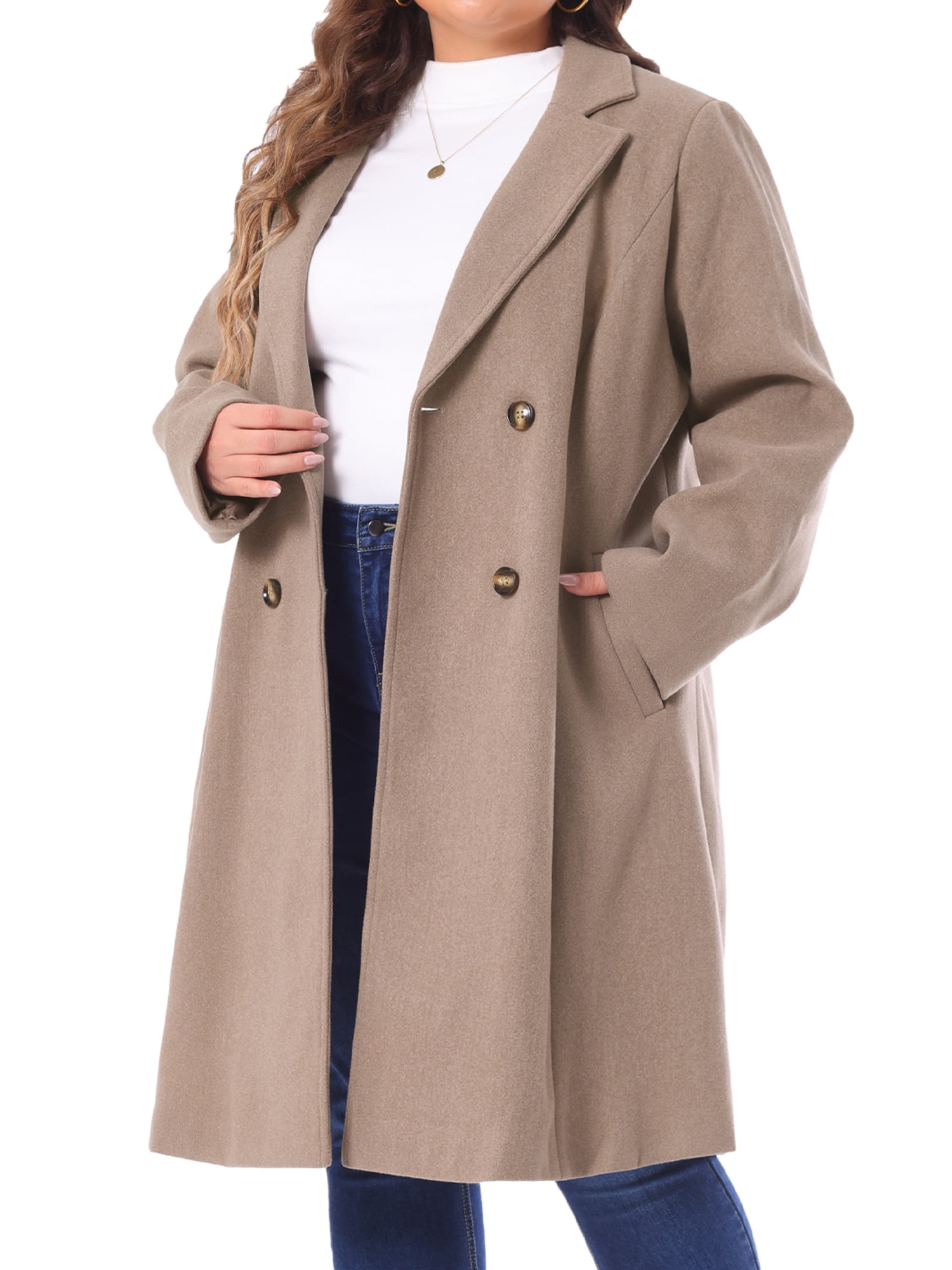DARING DIVA Women's Plus Size Notched Lapel Warm Double Breasted Coat 4X Light Brown