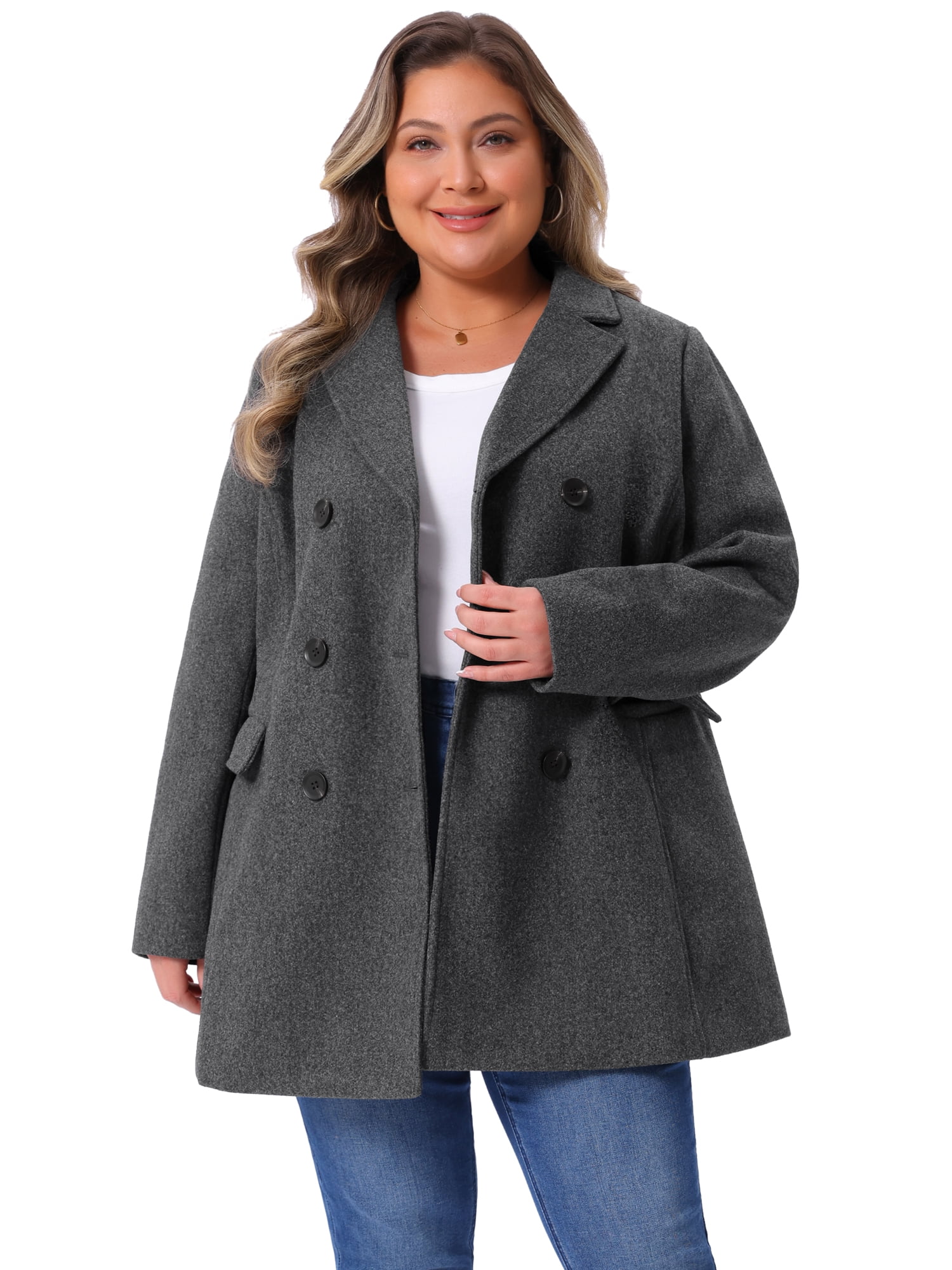 DARING DIVA Women's Plus Size Notched Lapel Double Breasted Long Coat 1X Dark Grey