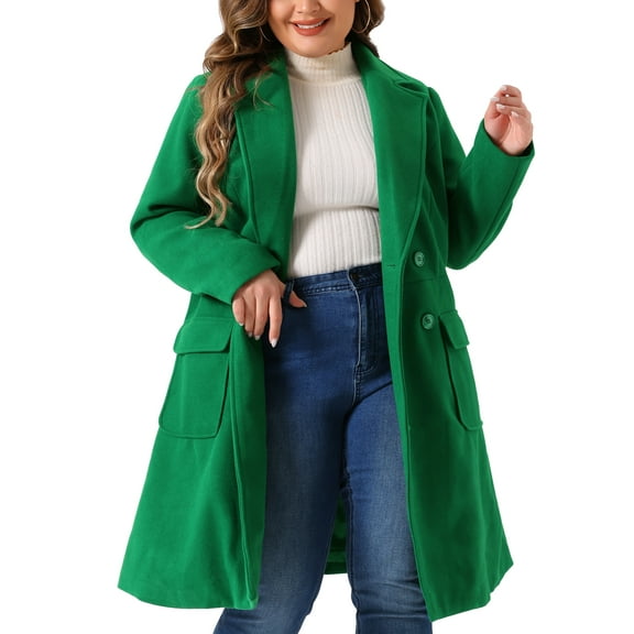 DARING DIVA Women's Plus Size Notched Lapel Double Breasted Long Coat 2X Green