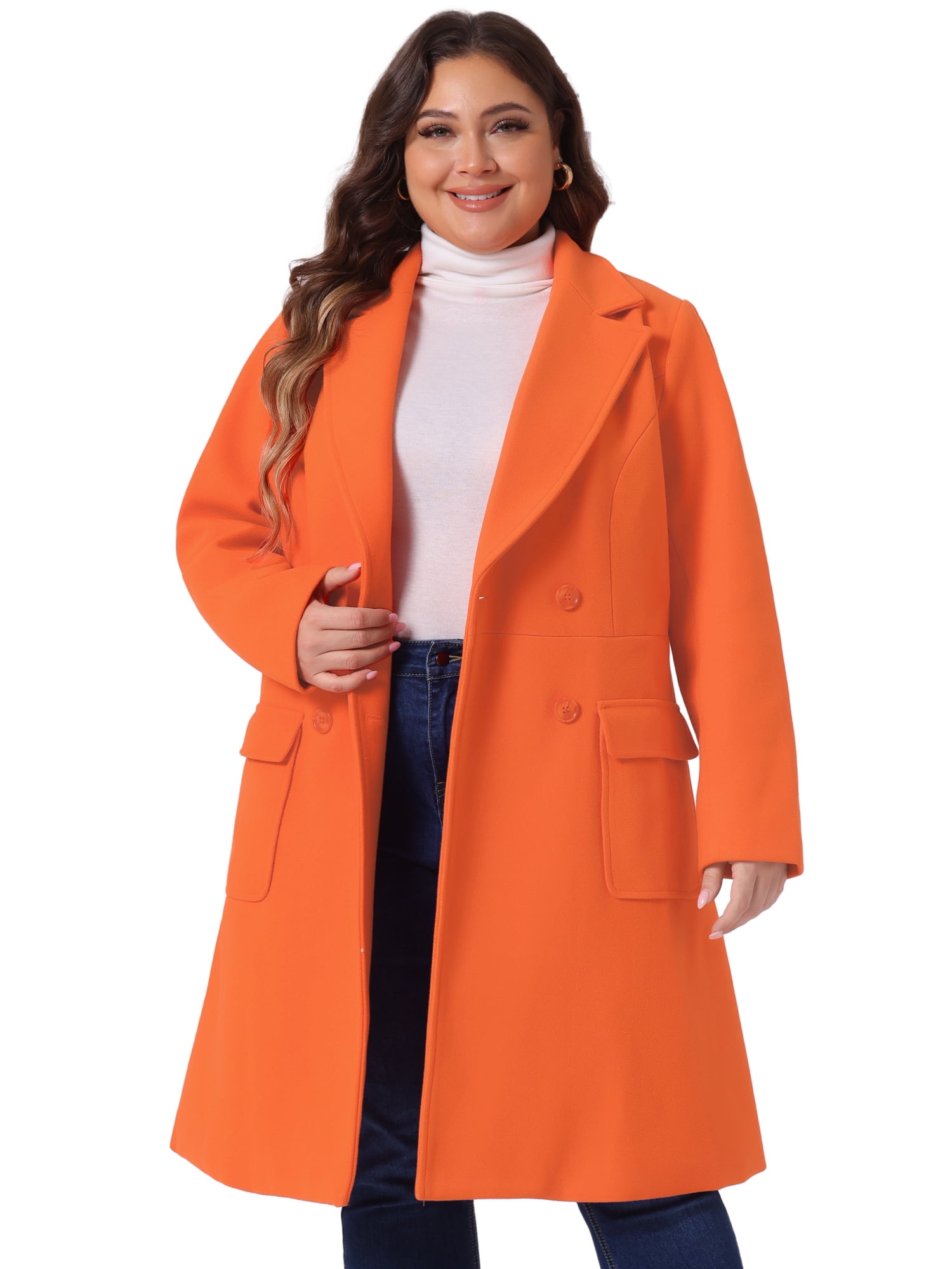 DARING DIVA Women's Plus Size Notched Lapel Double Breasted Long Coat 2X Orange