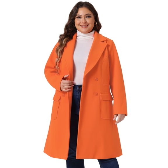 DARING DIVA Women's Plus Size Notched Lapel Double Breasted Long Coat 2X Orange