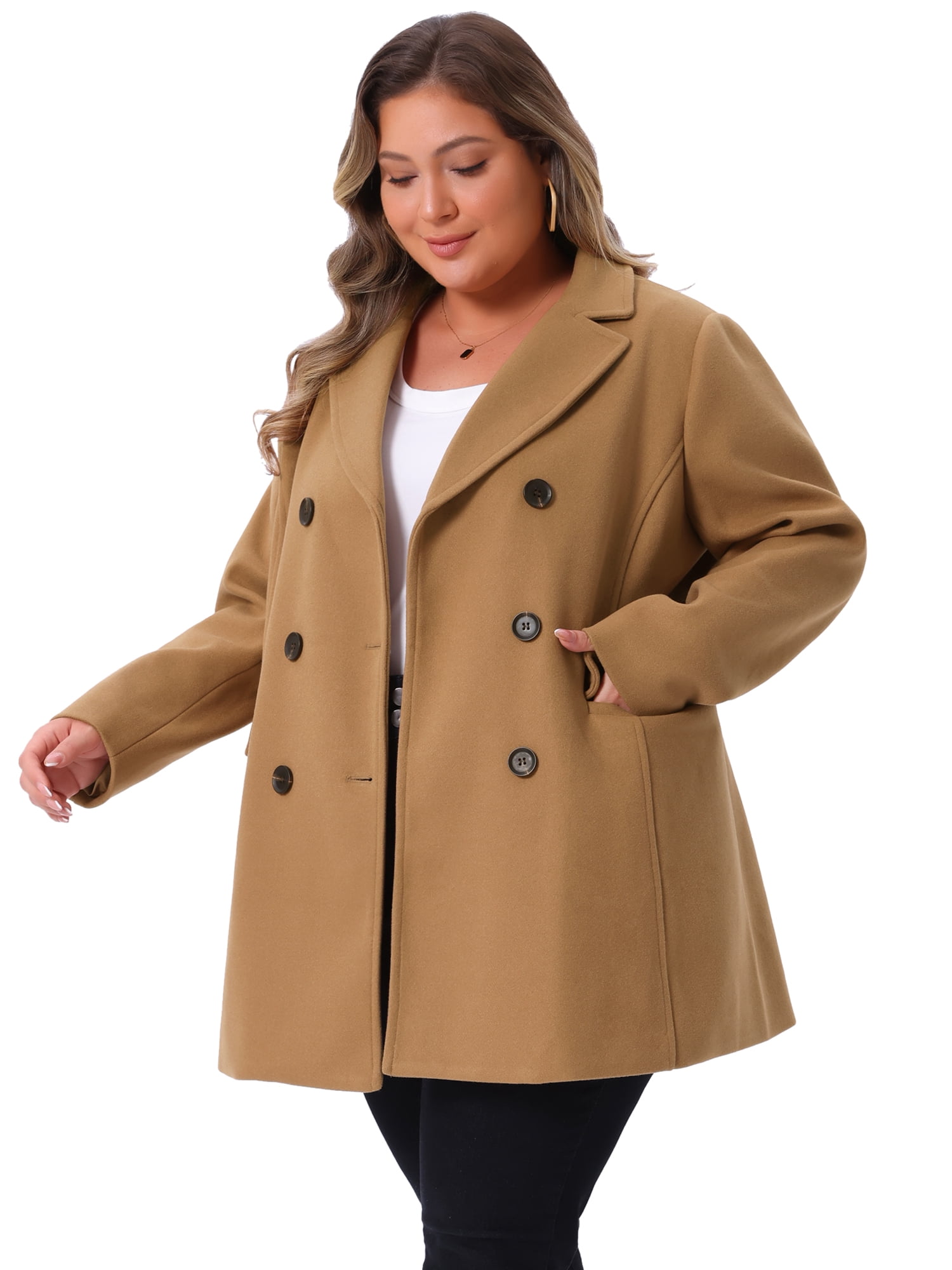 DARING DIVA Women's Plus Size Notched Lapel Double Breasted Long Coat 3X Camel