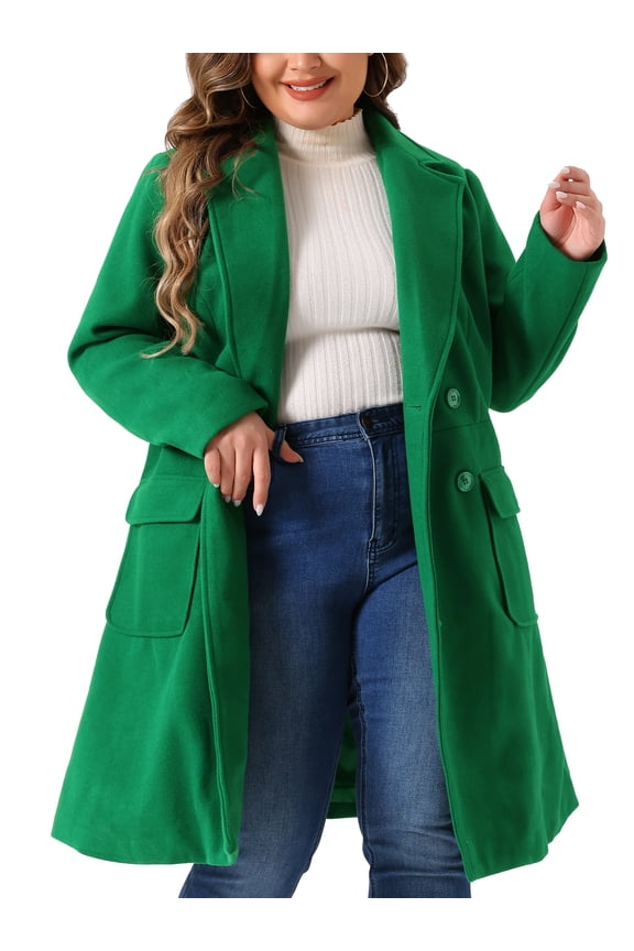 Women's Plus Size Notched Lapel Double Breasted Long Coat 4X Green