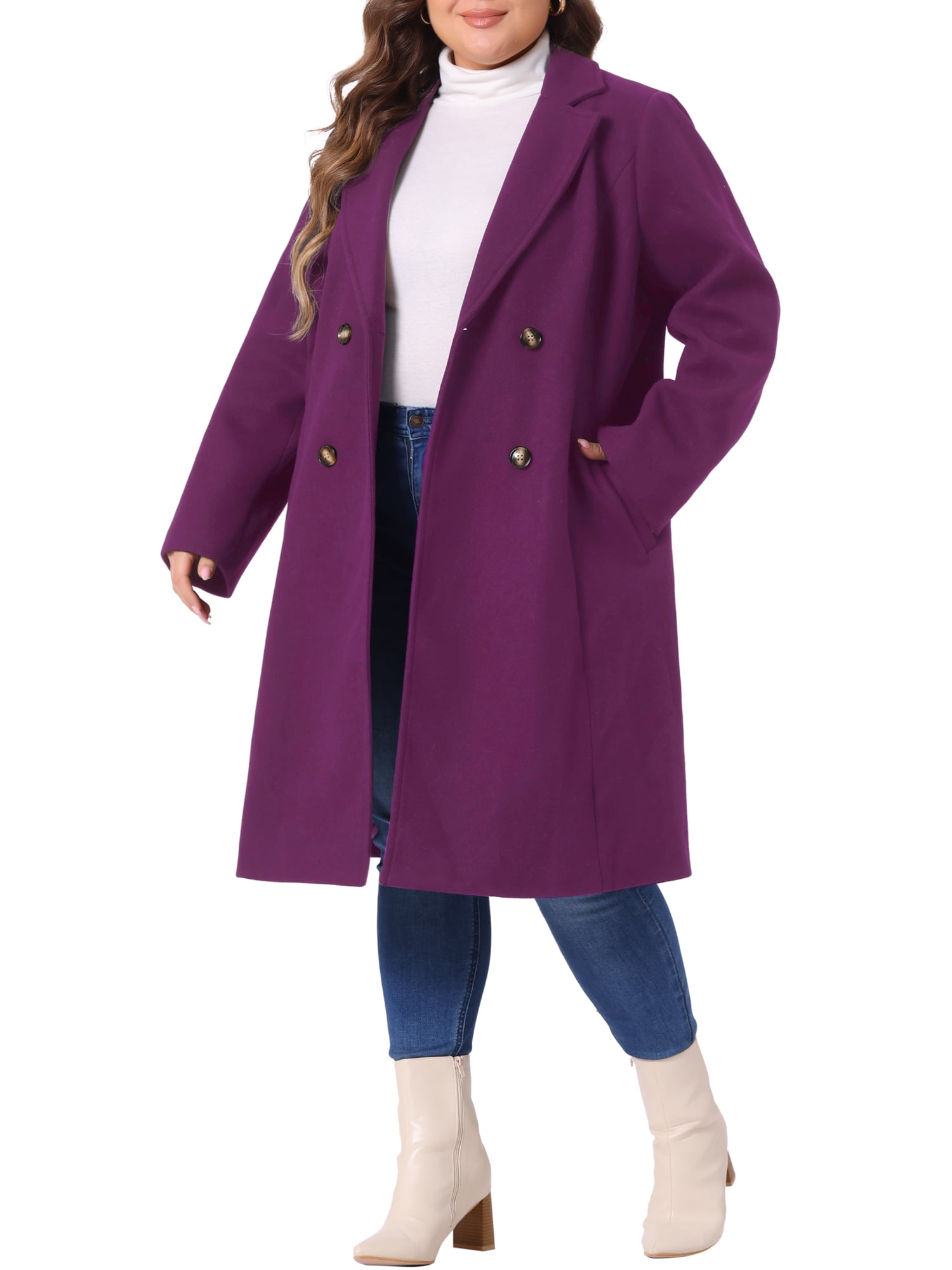 DARING DIVA Women's Plus Size Notched Lapel Warm Double Breasted Coat 3X Purple