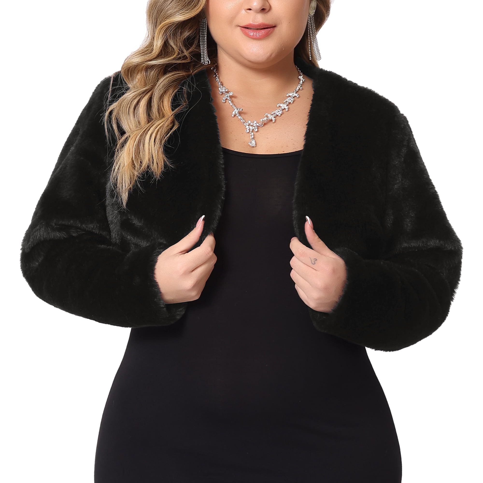 DARING DIVA Women's Plus Size Open Front Faux Fur Bolero Crop Jackets 5X Black