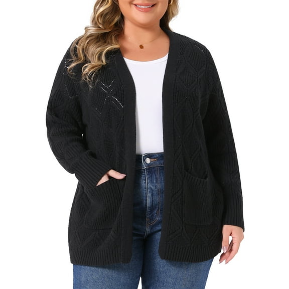 DARING DIVA Women's Plus Size Open Front Long Sleeve Cardigan with Pockets 1X Black
