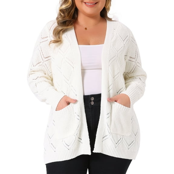 DARING DIVA Women's Plus Size Open Front Long Sleeve Cardigan with Pockets 1X White