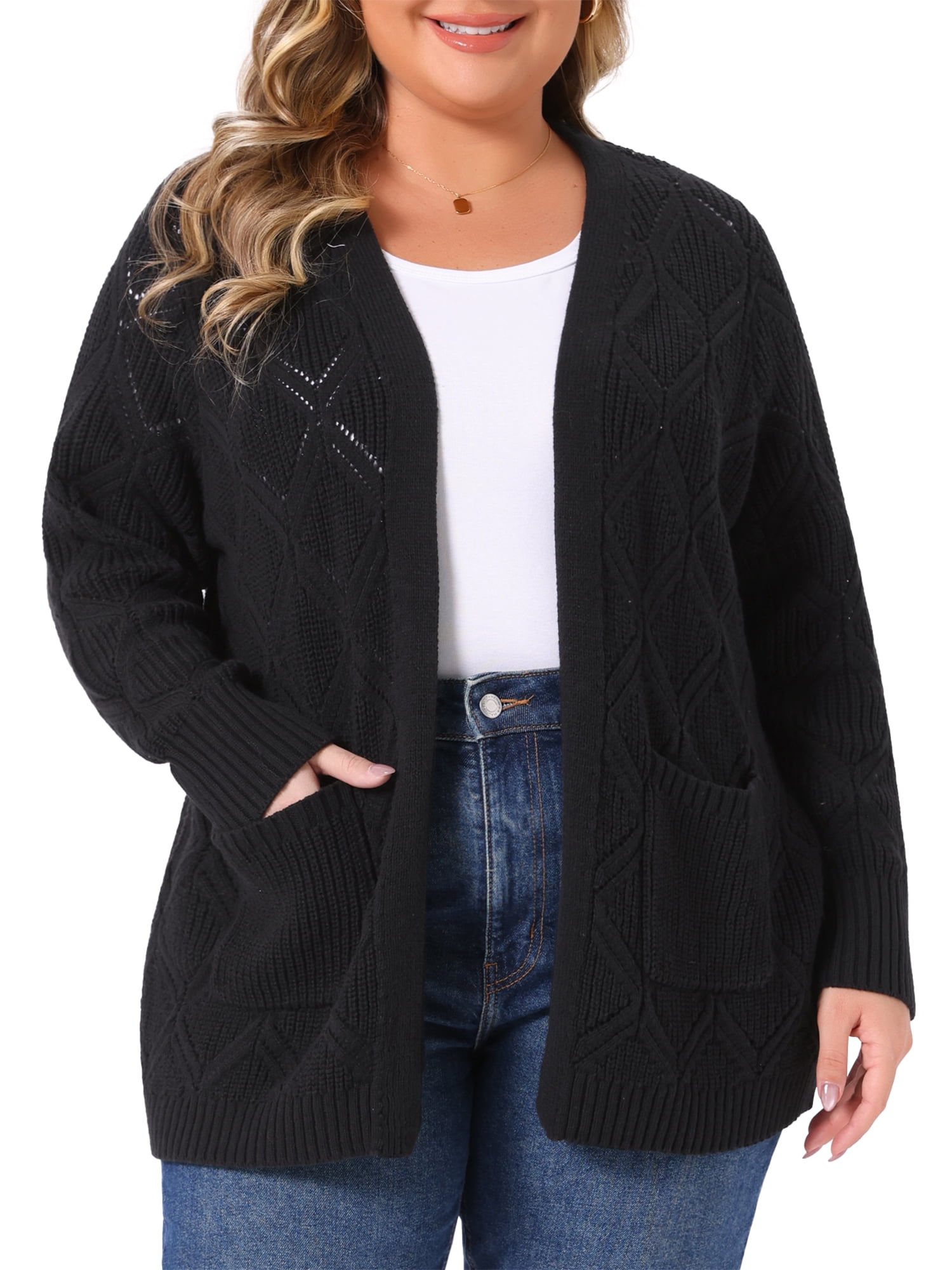 DARING DIVA Women's Plus Size Open Front Long Sleeve Cardigan with Pockets 3X Black