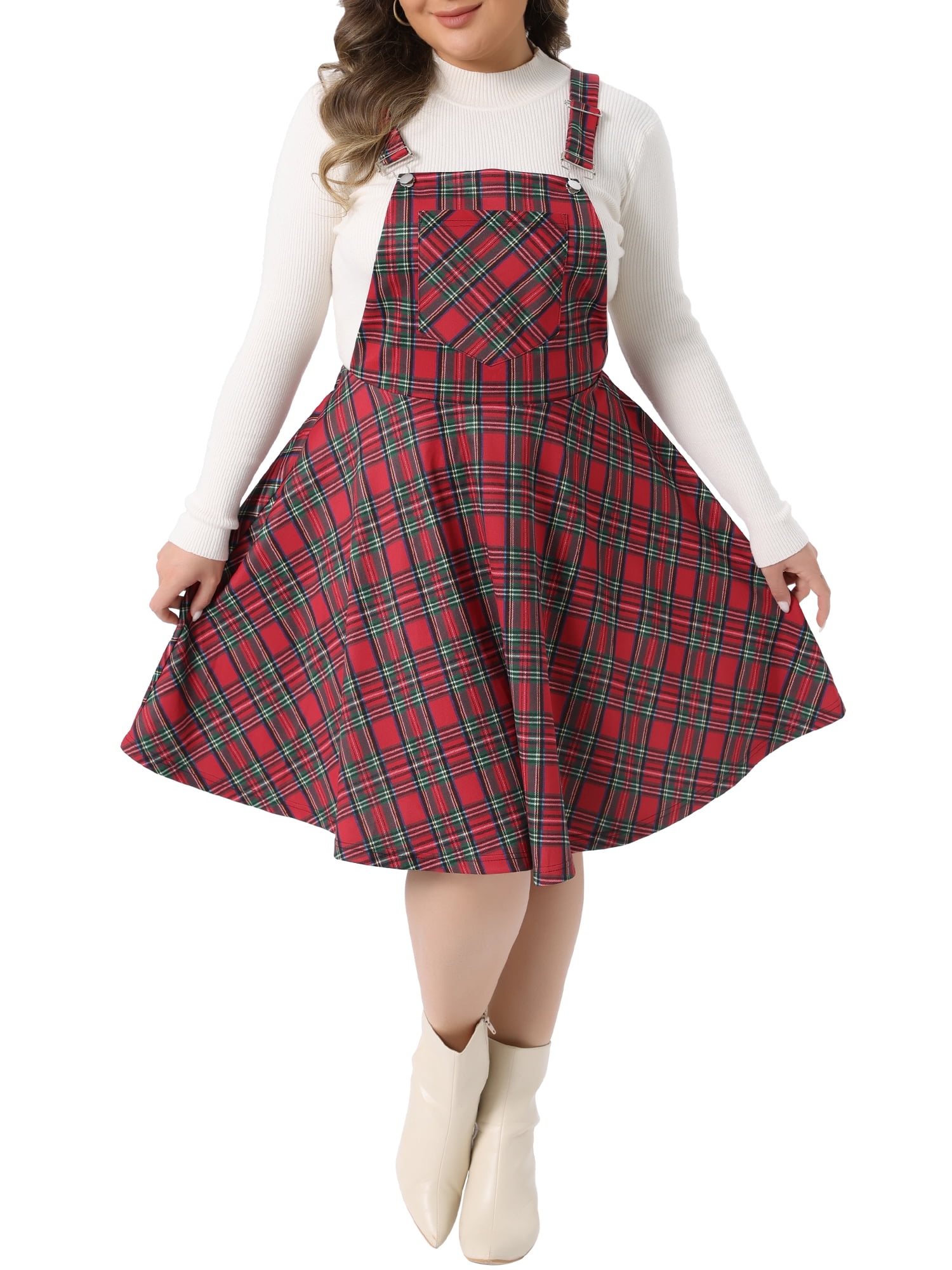 DARING DIVA Women's Plus Size Overall Plaid Swing Adjustable Straps Dress 1X Red