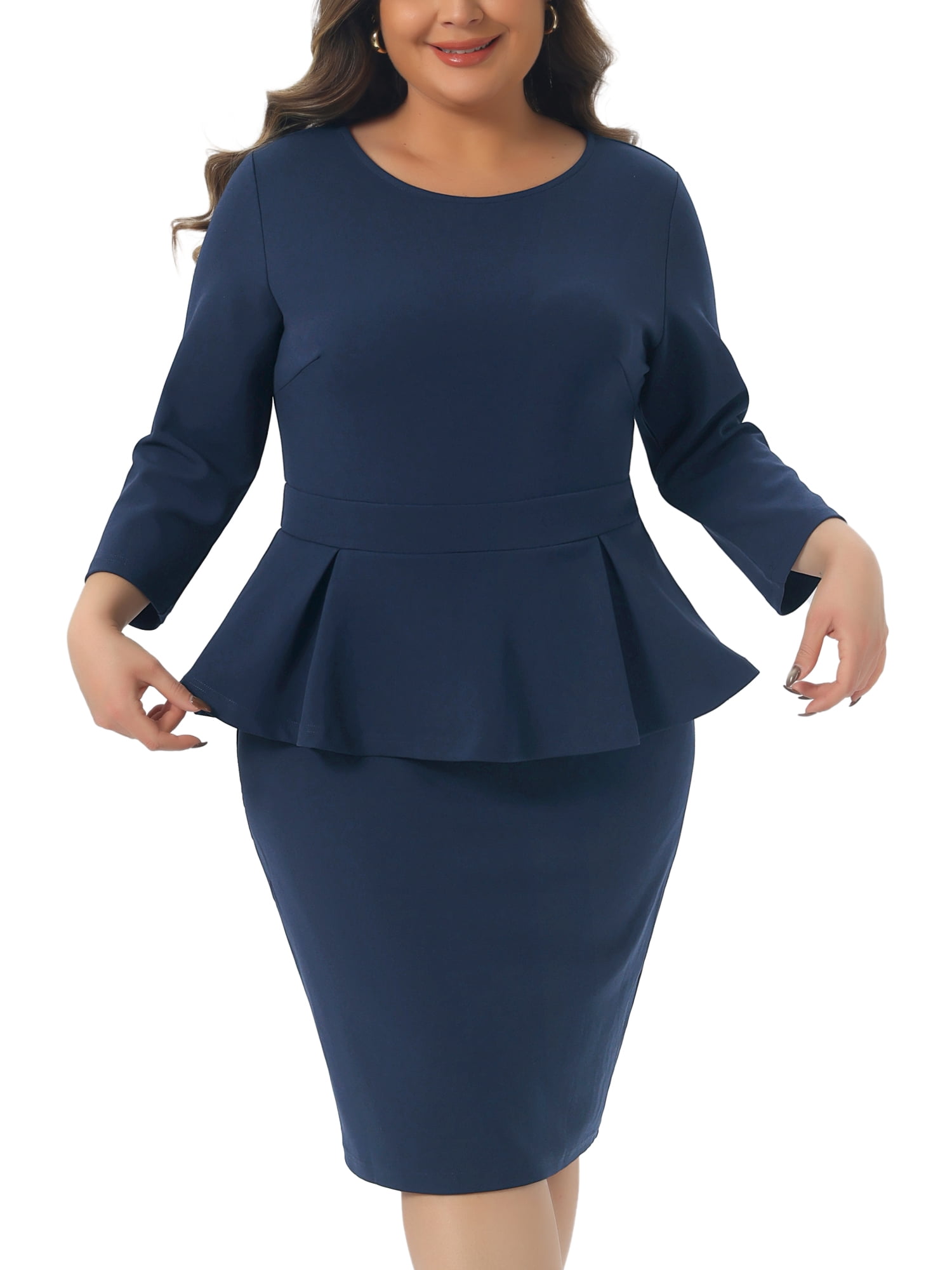 DARING DIVA Women's Plus Size Peplum Pencil 3/4 Sleeve Flared Sheath Dress 1X Navy Blue