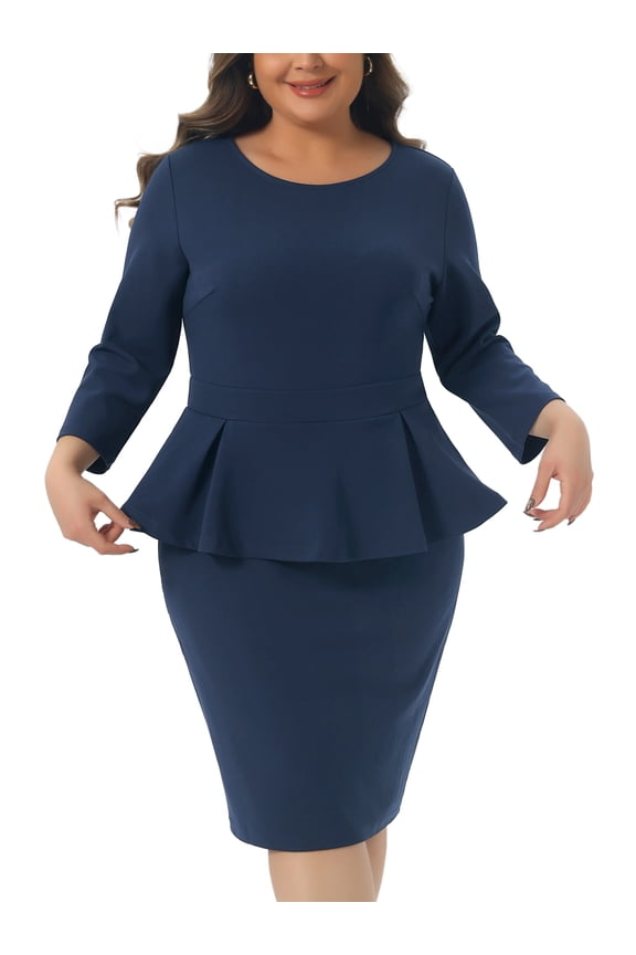 Women's Plus Size Peplum Pencil 3/4 Sleeve Flared Sheath Dress 3X Navy Blue