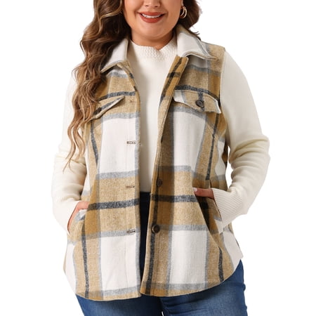DARING DIVA Women's Plus Size Plaid Coat Slash Pocket Sleeveless Vest 1X White Brown