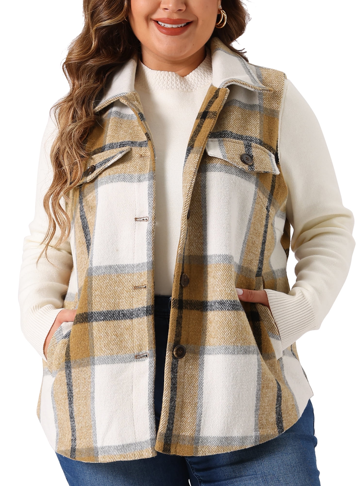 DARING DIVA Women's Plus Size Plaid Coat Slash Pocket Sleeveless Vest 2X White Brown